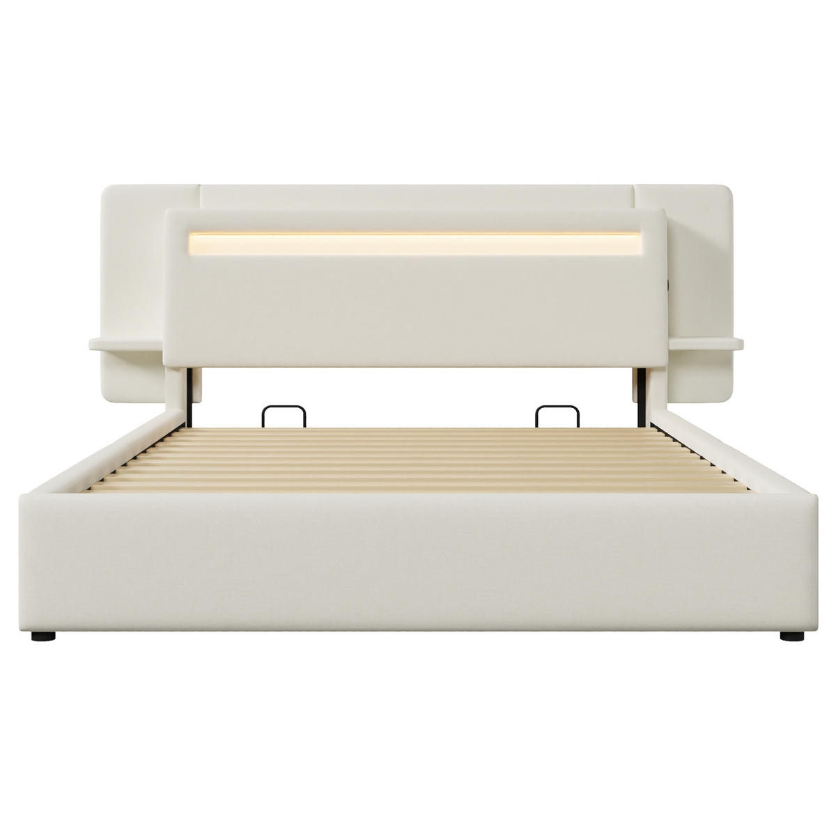 POLSTERBETT aus MDF und Leinen 140x200 cm Beige mit Bettkasten, LED-Beleuchtung, Nachttisch und USB-Anschluss - Beige, Textil (140/200cm) - Modfu