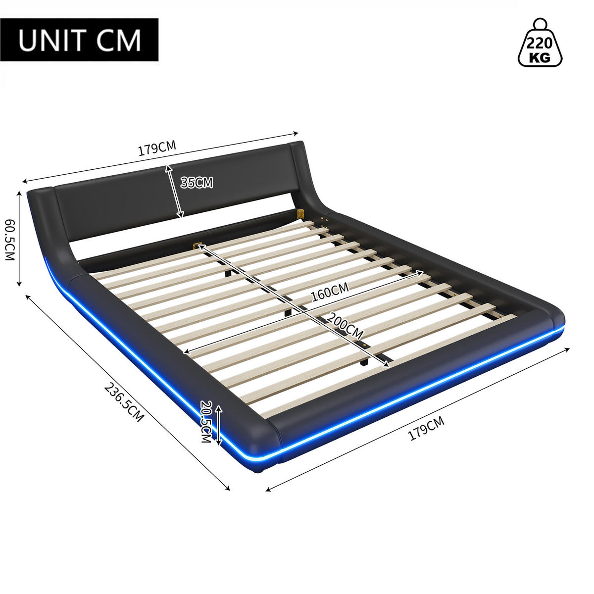 BODENBETT 160/200 cm Schwarz mit LED-Umgebungslicht aus PU - Schwarz, Kunststoff (160/200cm) - OKWISH