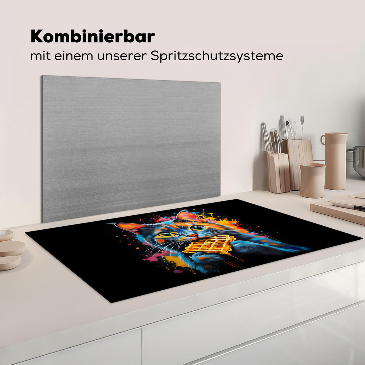 HERDABDECKPLATTE Katze - Graffiti - Bunt - Waffel - Essen Induktionsschutz 91.2x52 cm - Multicolor, Kunststoff (91.2/52/0.2cm) - MuchoWow