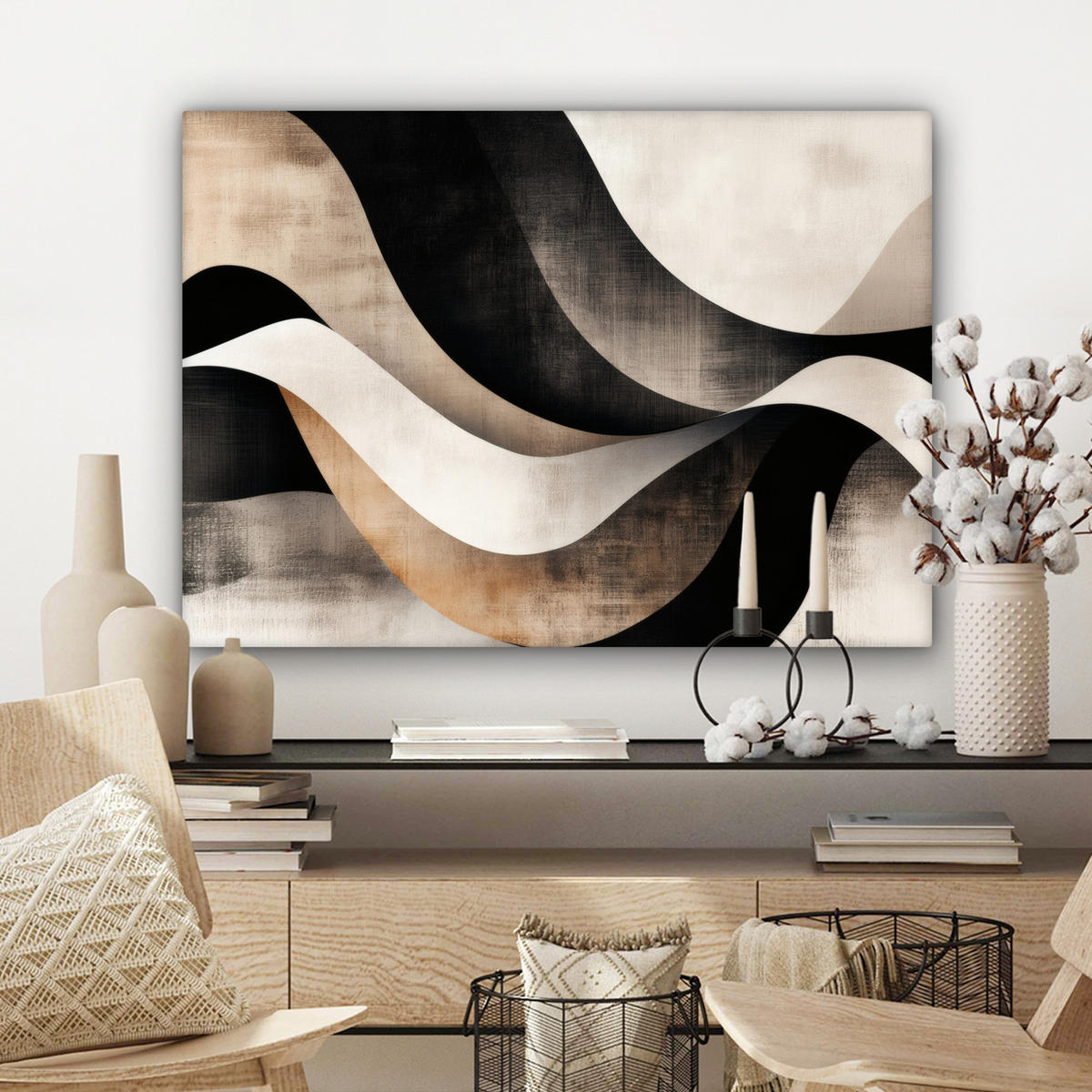 LEINWANDBILD Abstrakt - Wellen - Schwarz - Verwittert Wandbilder 80x60 cm - Trüffeleichefarben, Textil (80/60cm) - MuchoWow