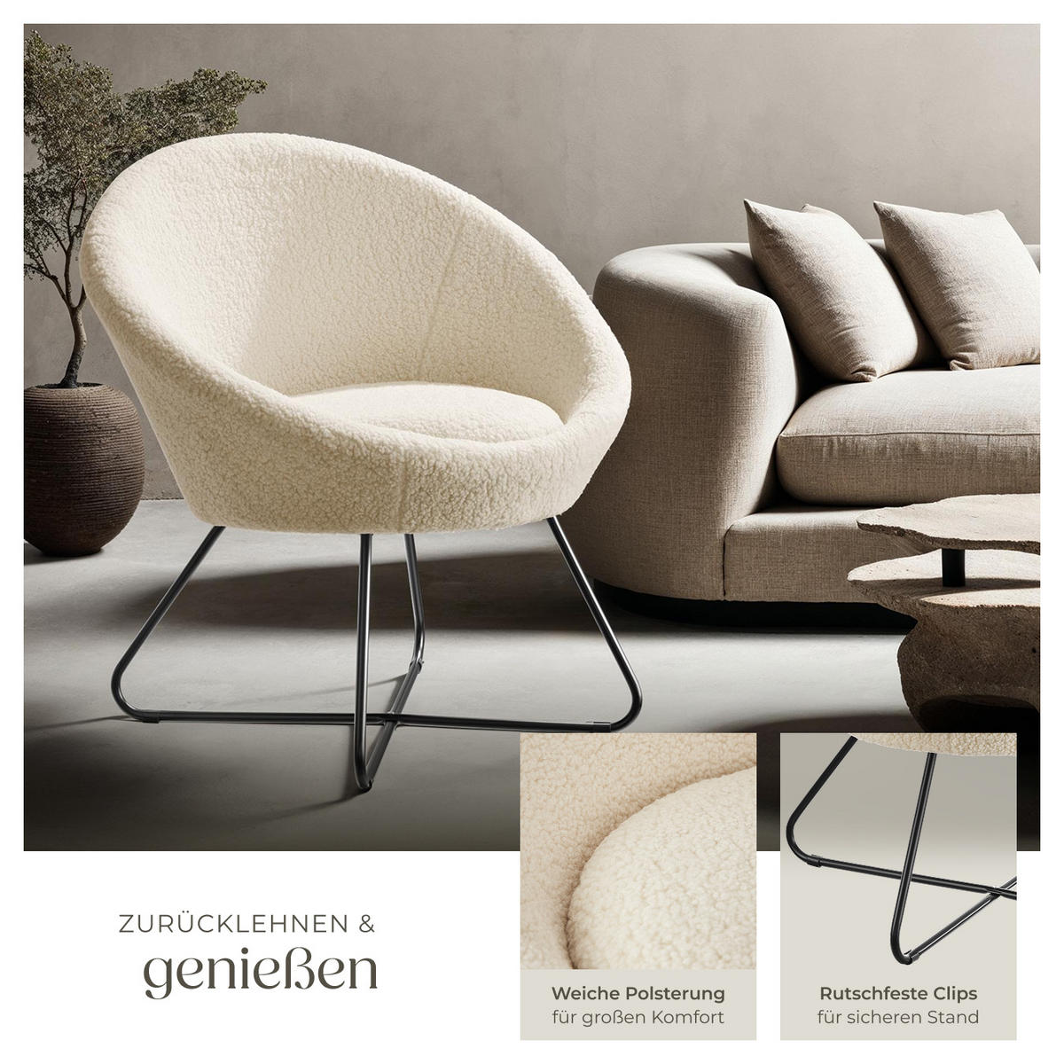COCKTAILSESSEL Centera,83 x 73 x 82 cm,Bouclé off-white - Weiß, Metall (83/82/73cm) - tectake