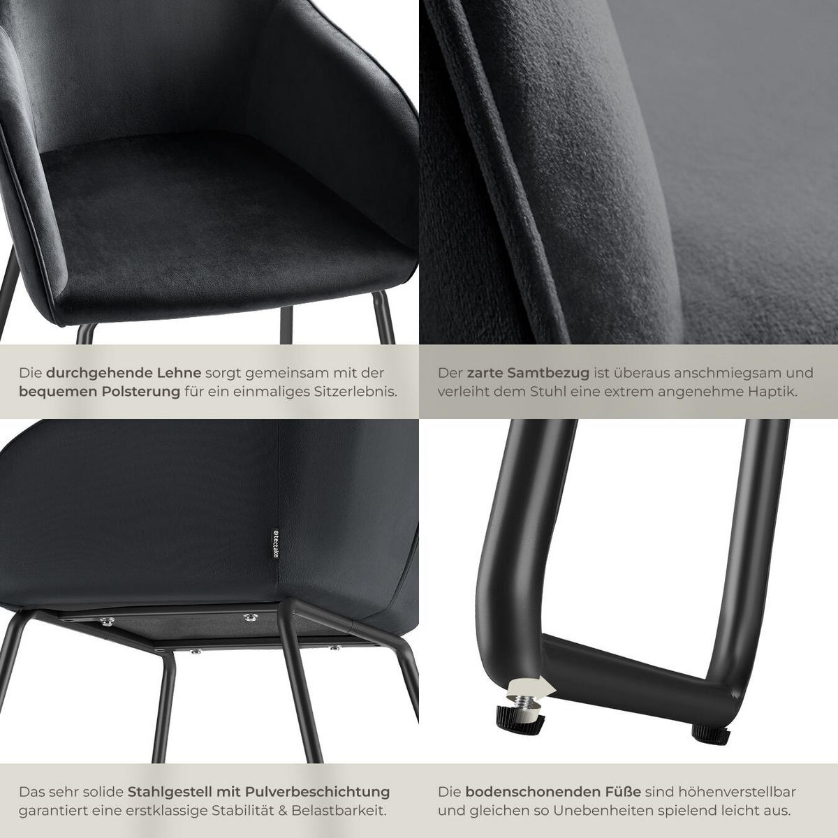 ESSZIMMERSTUHL Jeane,57 x 61 x 85,5 cm, Belastbarkeit 120 kg,Samtoptik schwarz/schwarz - Schwarz, Kunststoff (57/85.5/61cm) - tectake