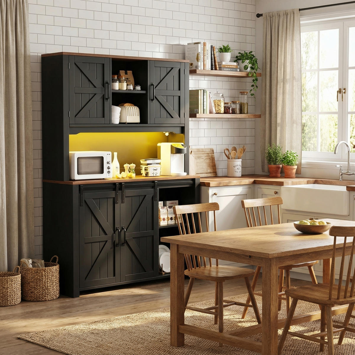 HIGHBOARD in Schwarz mit LED & Schiebetüren - Dunkelblau, Holzwerkstoff (115/174.7/40cm) - Urban Meuble