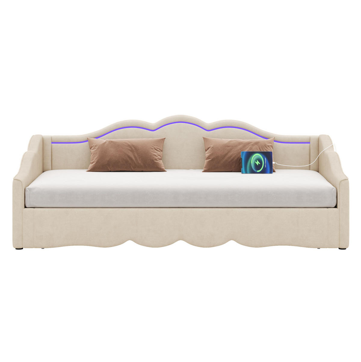 SAMT-POLSTERBETT 90/200 cm ausziehbar auf 180/200 cm mit LED und USB - Beige, Textil (90/200cm) - BEAOK
