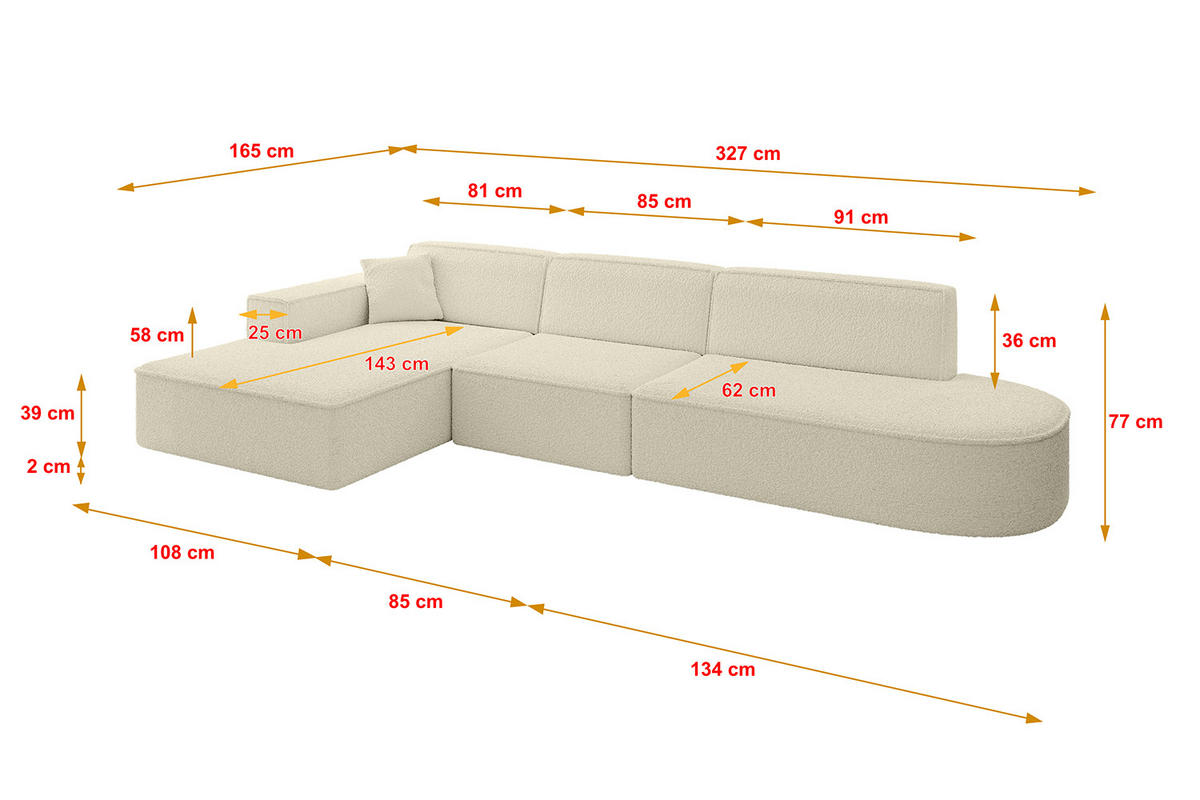 ECKSOFA Ottomane Links IREA-L2-v4 - 327x165x77 cm Beige - Creme, Holzwerkstoff/Textil (327/165cm) - ALTDECOR