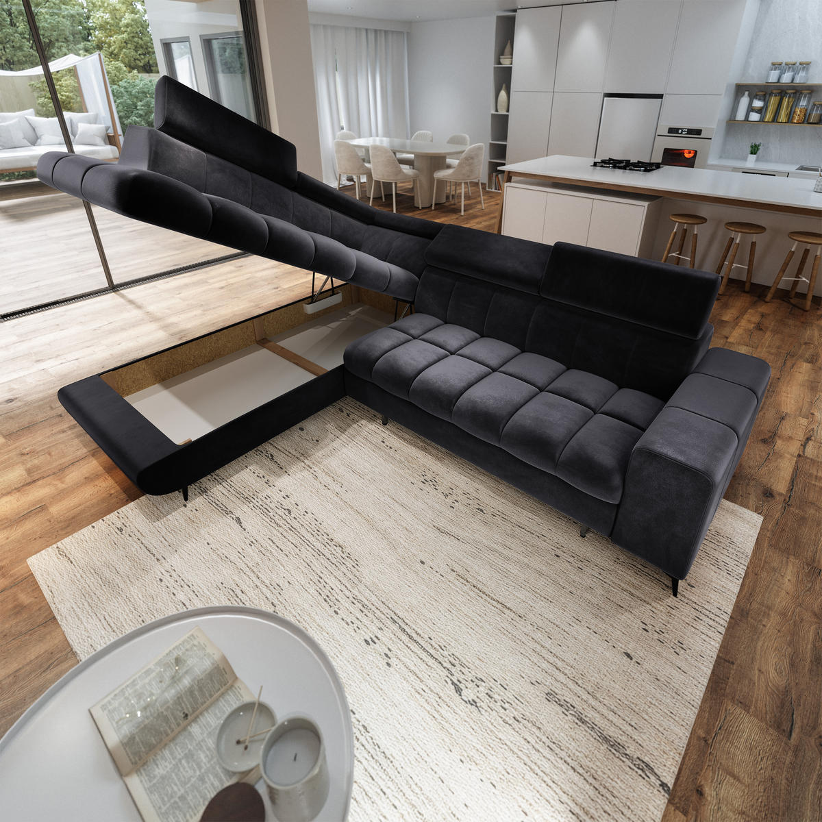 ECKSOFA MORIVA L-S Schwarz Velours-Stoff mit Schlaffunktion - Schwarz, Holz (253/190cm) - MASSENO