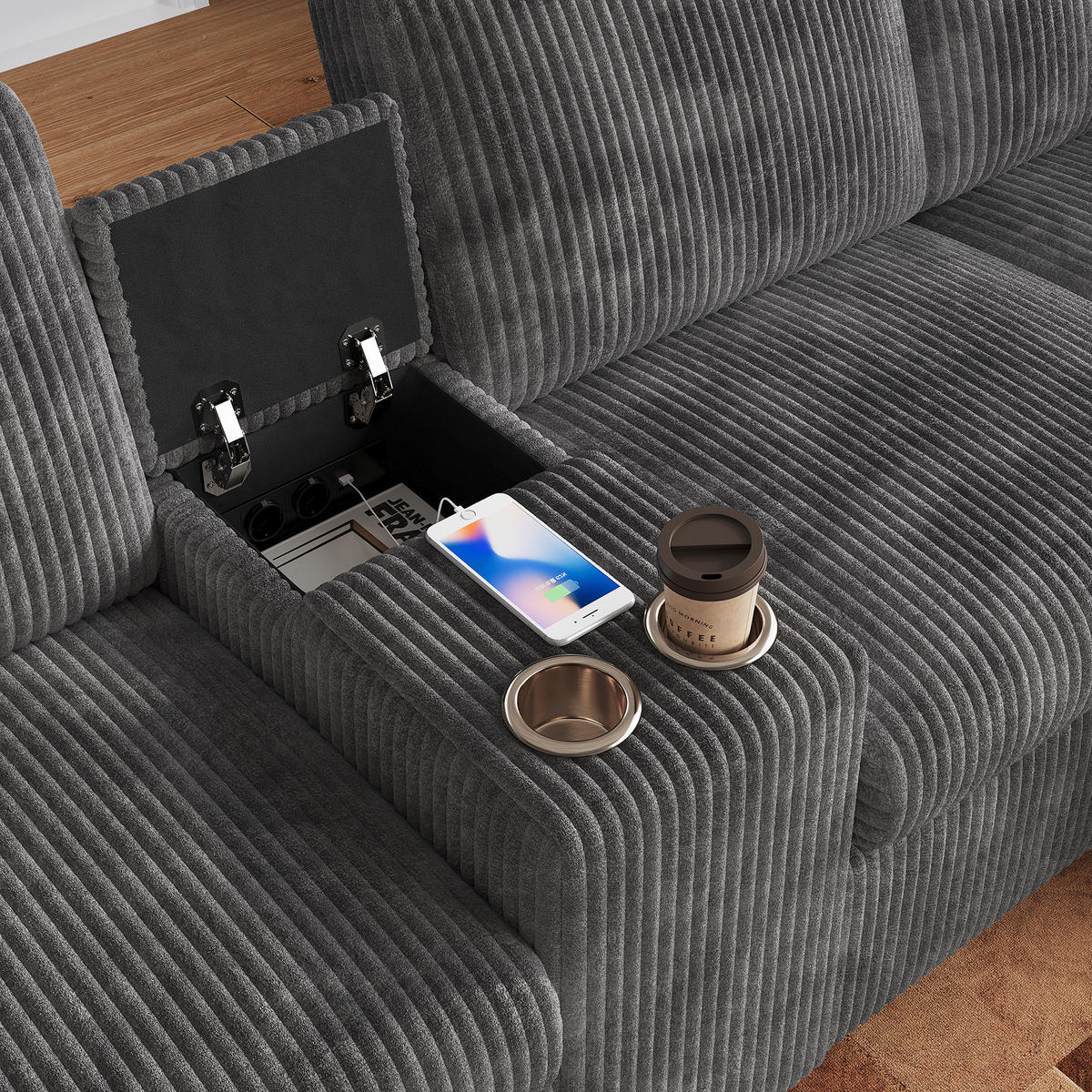 WOHNLANDSCHAFT Cord Grau mit Stauraum, USB, Type-C und Steckdosen - Grau, Holzwerkstoff/Kunststoff (315/81/135cm) - WISHDOR