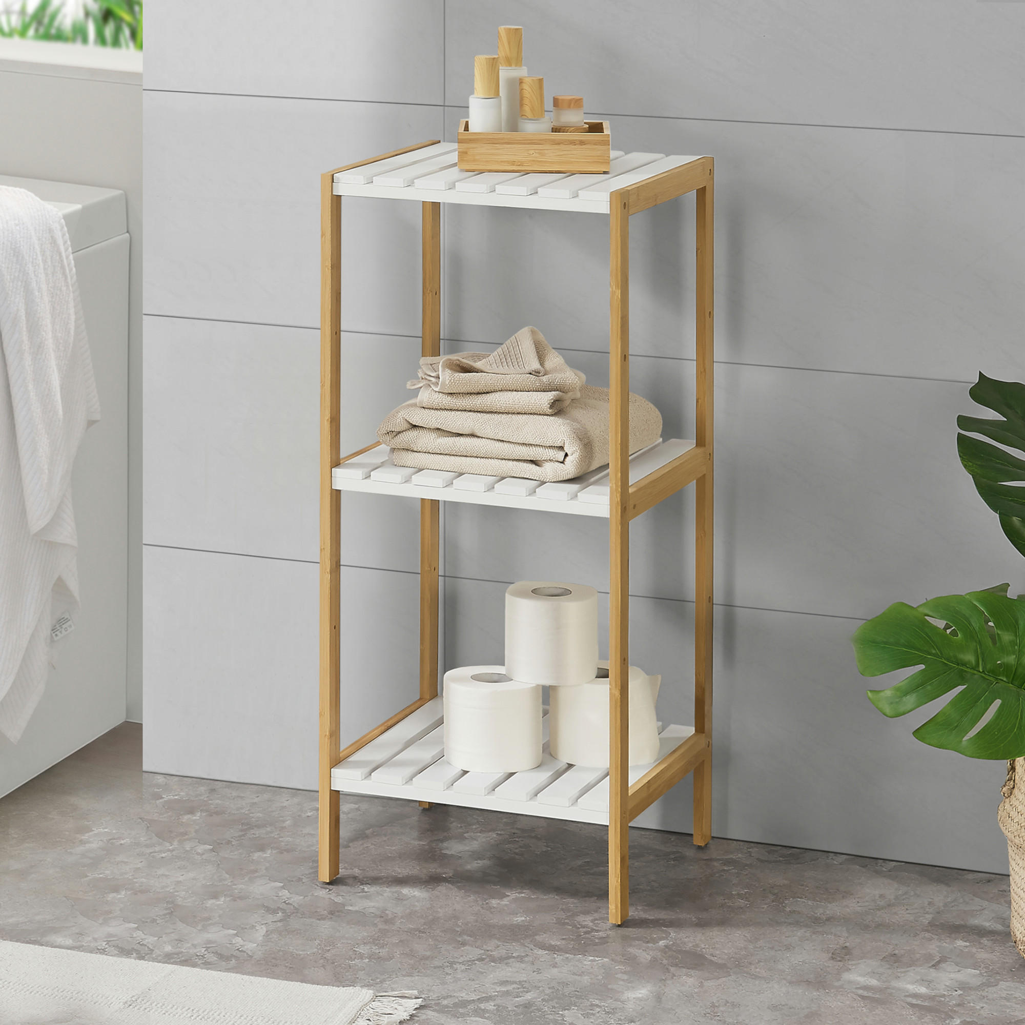 [en.casa] BADEZIMMERREGAL Natur, Weiß 33cm × 34cm × 80cm