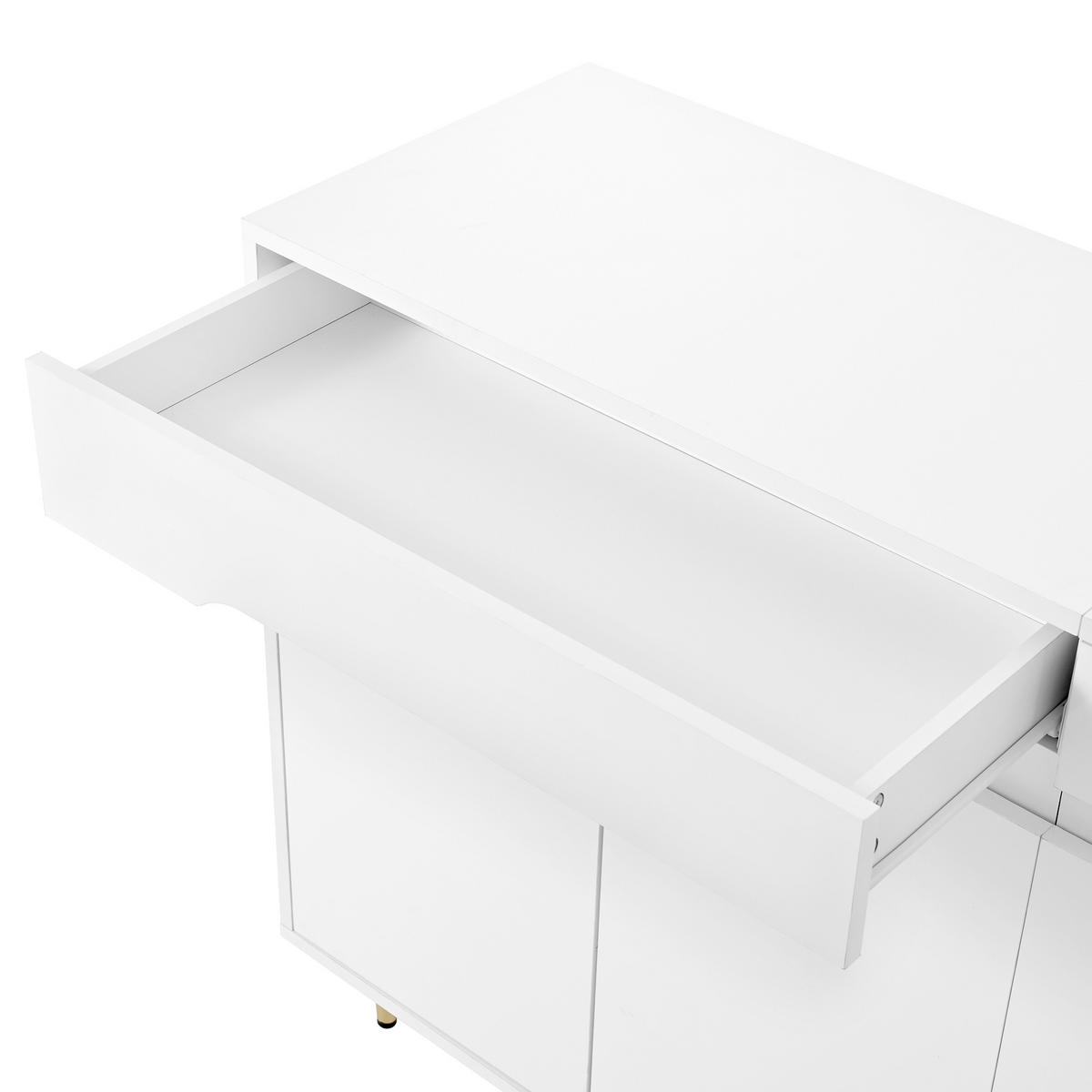 SIDEBOARD 2 Türen, 2 Schubladen, Goldene Beine Platz für 18–24 Paar Schuhe, Verstellbare Regale, Weiß - Weiß, Holzwerkstoff (140/84/39cm) - Urban Meuble