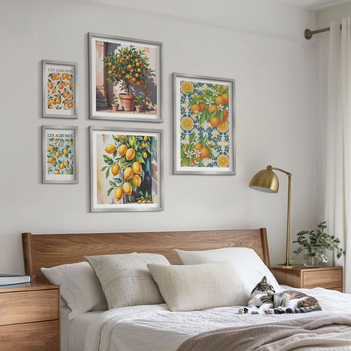 BILDER SET 5er Set - 50x50 cm & 20x30 cm & 40x60 cm Silberner Rahmen - Retro gelbe Zitrusfrüchte - Silberfarben, Kunststoff (40/60cm) - TULUP