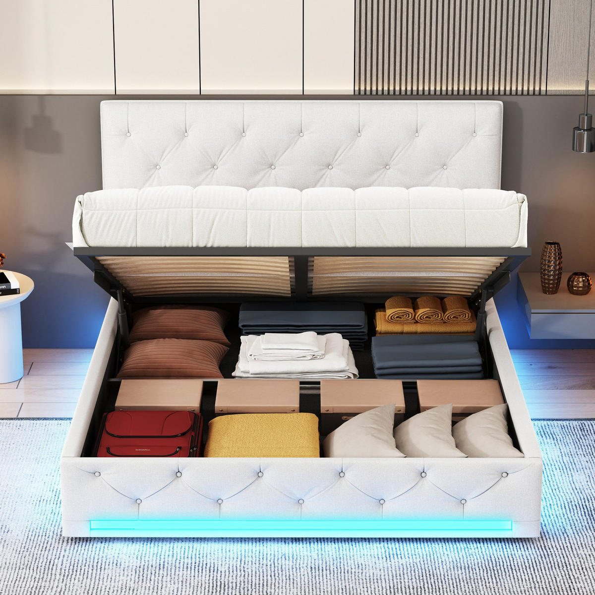 ÚLOŽNÁ posteľ 160x200cm béžová látka RGB LED hydraulický úložný priestor - biela, kov - SHOPENTRA