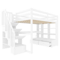 HOCHBETT 140x200 mit Schreibtisch und Regalen, zwei integrierten Schubladen, Stauraumtreppe, weiß - Weiß, Holzwerkstoff - Luhomfu