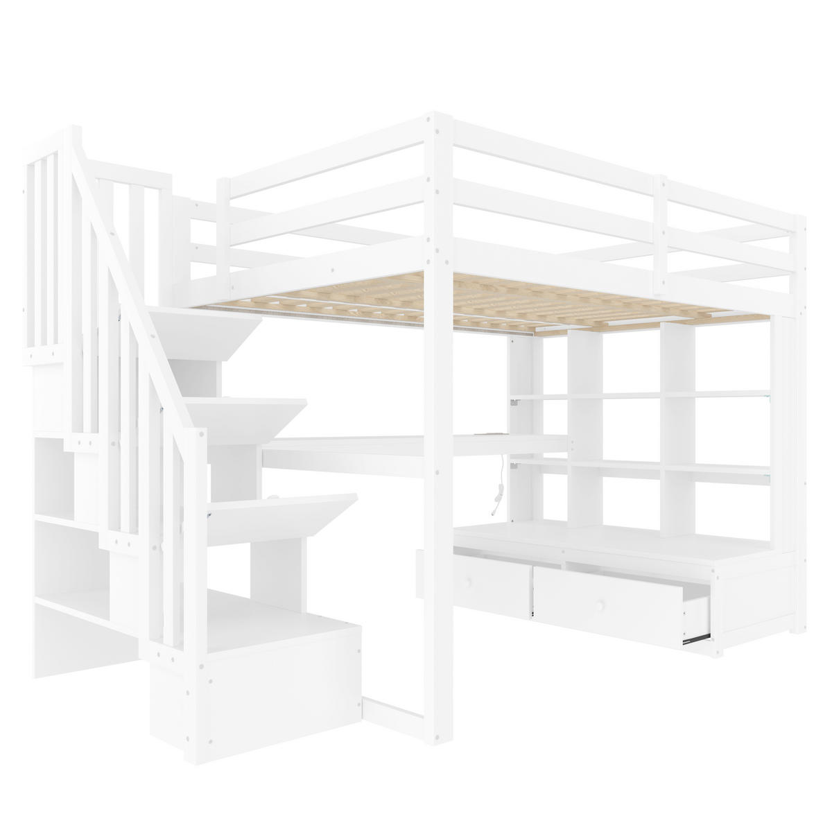 HOCHBETT 140/200 cm DE-03341, mit Schreibtisch, Regalen, 2 Schubladen und LED, in Weiß - Weiß, Holz/Holzwerkstoff (140/200cm) - ComfortXL
