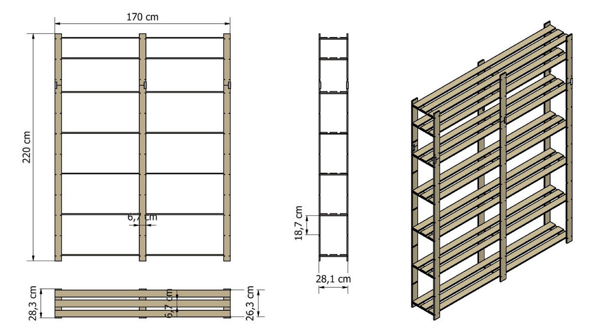 HOLZREGAL PINEPEAK 220x170x28cm 7 Fachboden 1,2cm dickes Kiefernholz Braun - Braun, Holz (170/220/28cm) - PROREGAL
