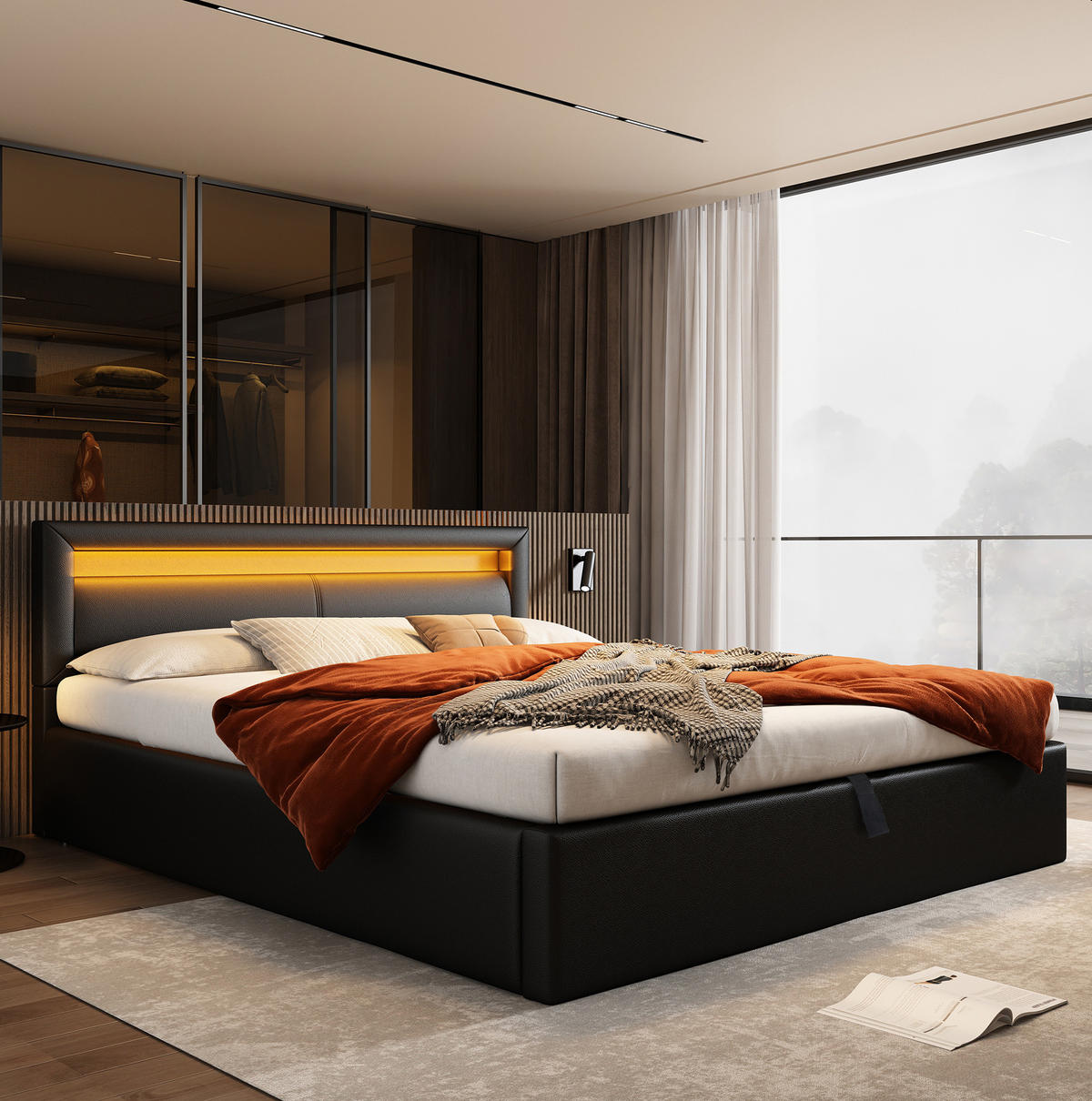 ČALÚNENÁ posteľ z PU 140x190 cm čierna s LED osvetlením, úložným priestorom a lamelovým roštom - čierna, plast (140/190cm) - Modfu