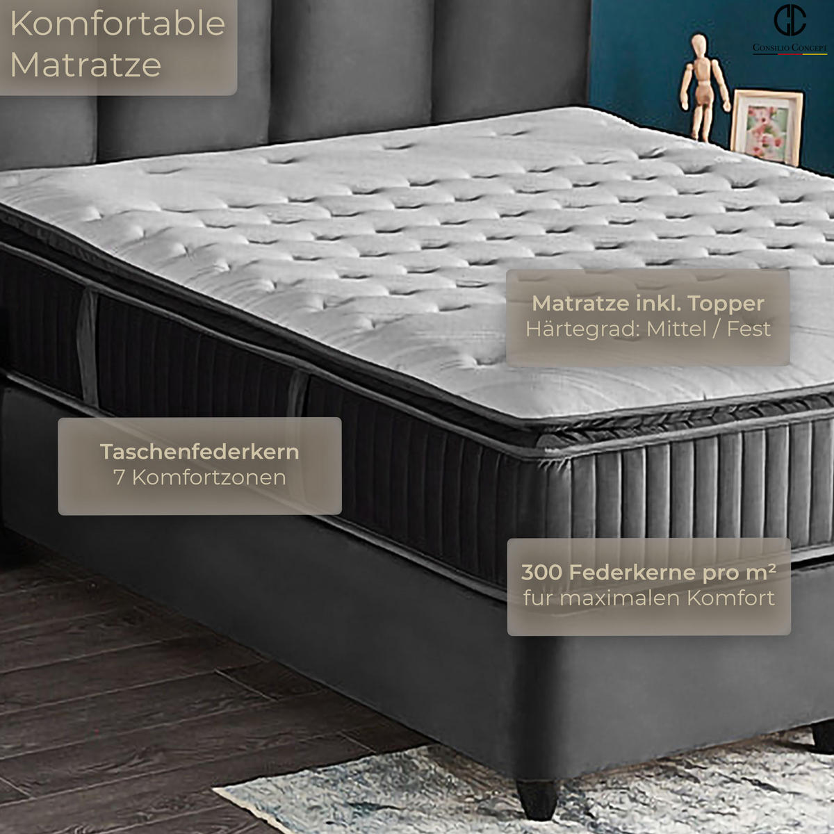 BOXSPRINGBETT MIT BETTKASTEN NAPOLI 160/200 cm, Schwarz, Bettkasten, Matratze, Topper integriert, H3 mittel - Schwarz/Braun, Holz/Kunststoff (160/200cm) - Consilio Concept