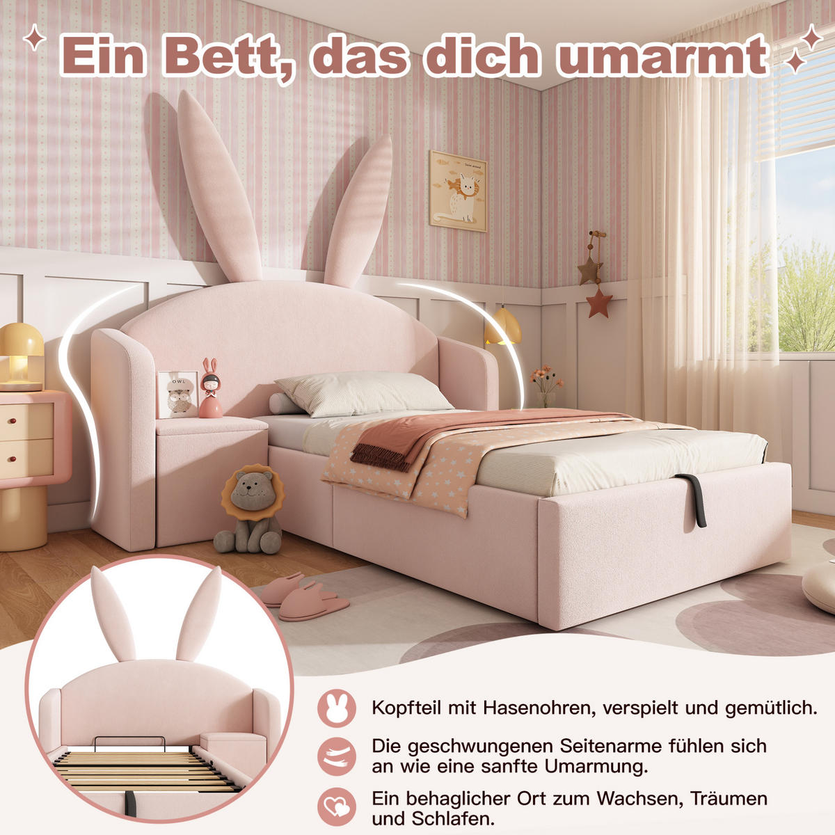 POLSTERBETT 90/200 cm mit Hasenohren, Nachttisch und hydraulischem Stauraum, Rosa - Rosa, Textil (90/200cm) - Redom