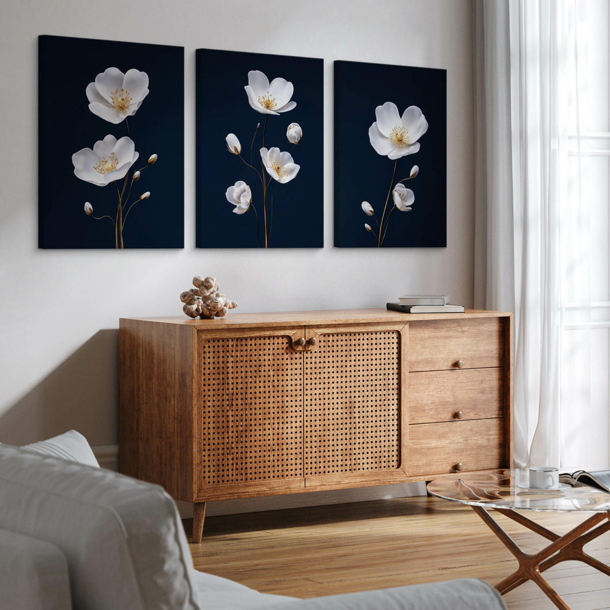 LEINWANDBILDER 3-es Set Feldblumen Natur - Blau/Beige, Textil (90/40cm) - Muralo