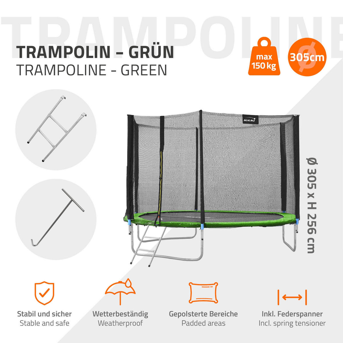 TRAMPOLIN 305 cm grün - Grün, Metall (305/256/305cm) - Hauki
