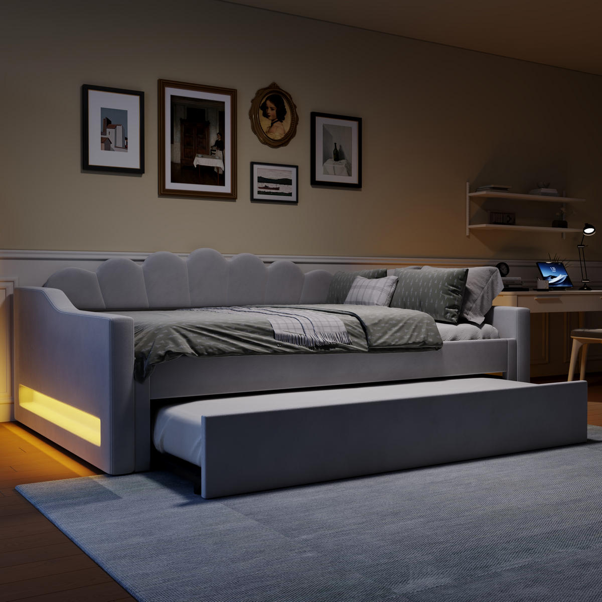 POLSTERBETT 140/200 cm Grau mit LED-Beleuchtung und Ausziehbett - Grau, Holzwerkstoff (140/200cm) - OKWISH