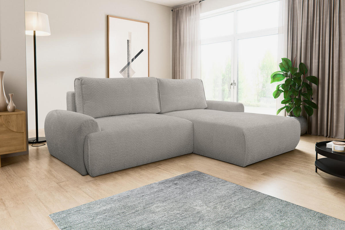 ECKSOFA Moon in L-Form mit Schlaffunktion und Bettkasten, Farbe: Grau, Bouclé-Stoff, Ottomane Rechts - Grau, Textil (260/136cm) - VENASI MÖBEL