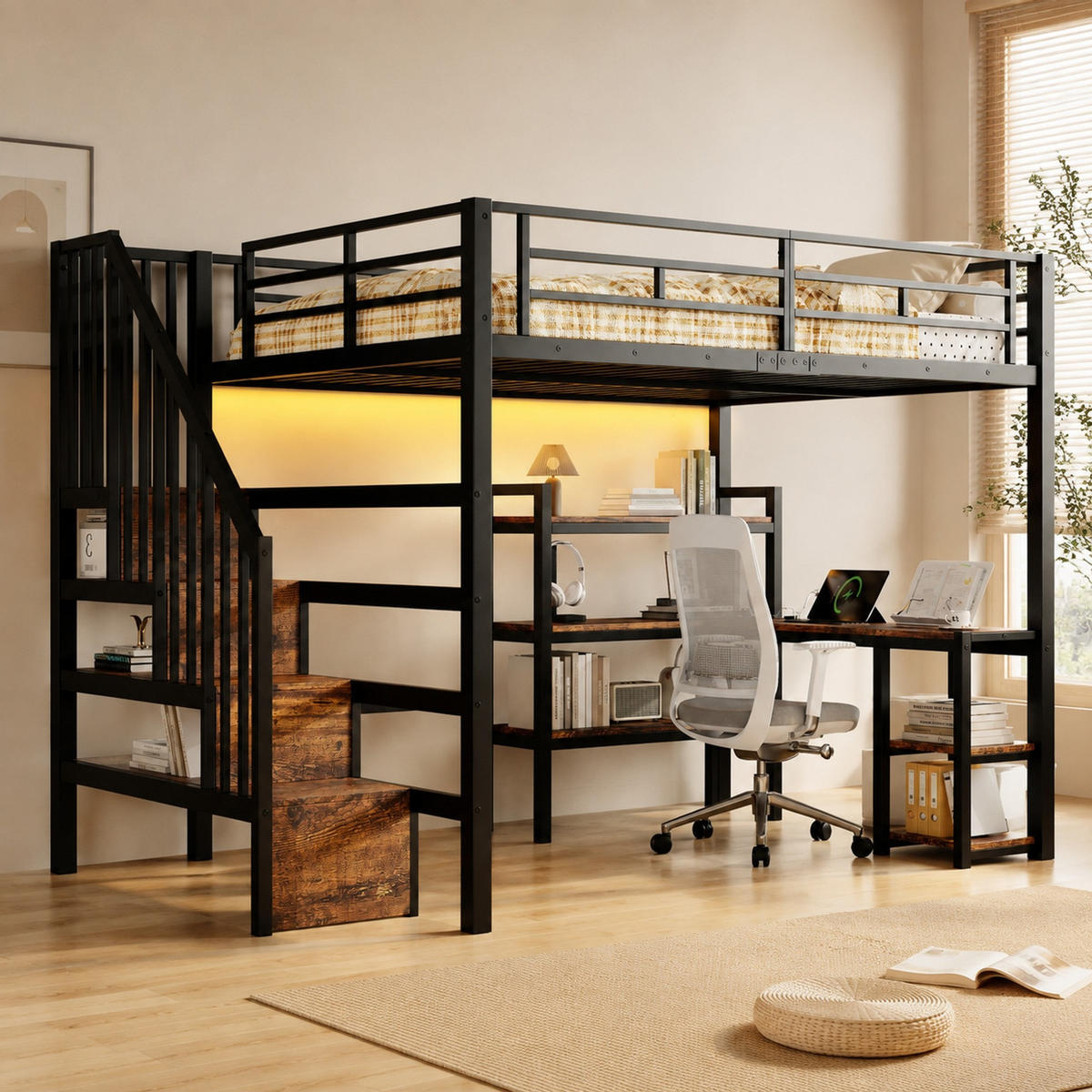 HOCHBETT 140/200 mit LED, Schreibtisch und USB-Ladestation in Schwarz - Schwarz, Holzwerkstoff/Metall (140/200cm) - EVRYAE