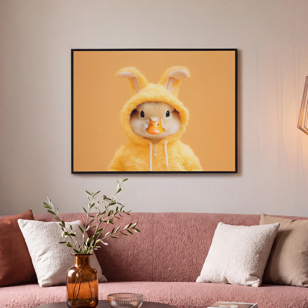 LEINWAND Bilder mit Rahmen - Osterhase - Kostüm - Ente - 70x50 - Gelb, Textil (70/50cm) - MuchoWow