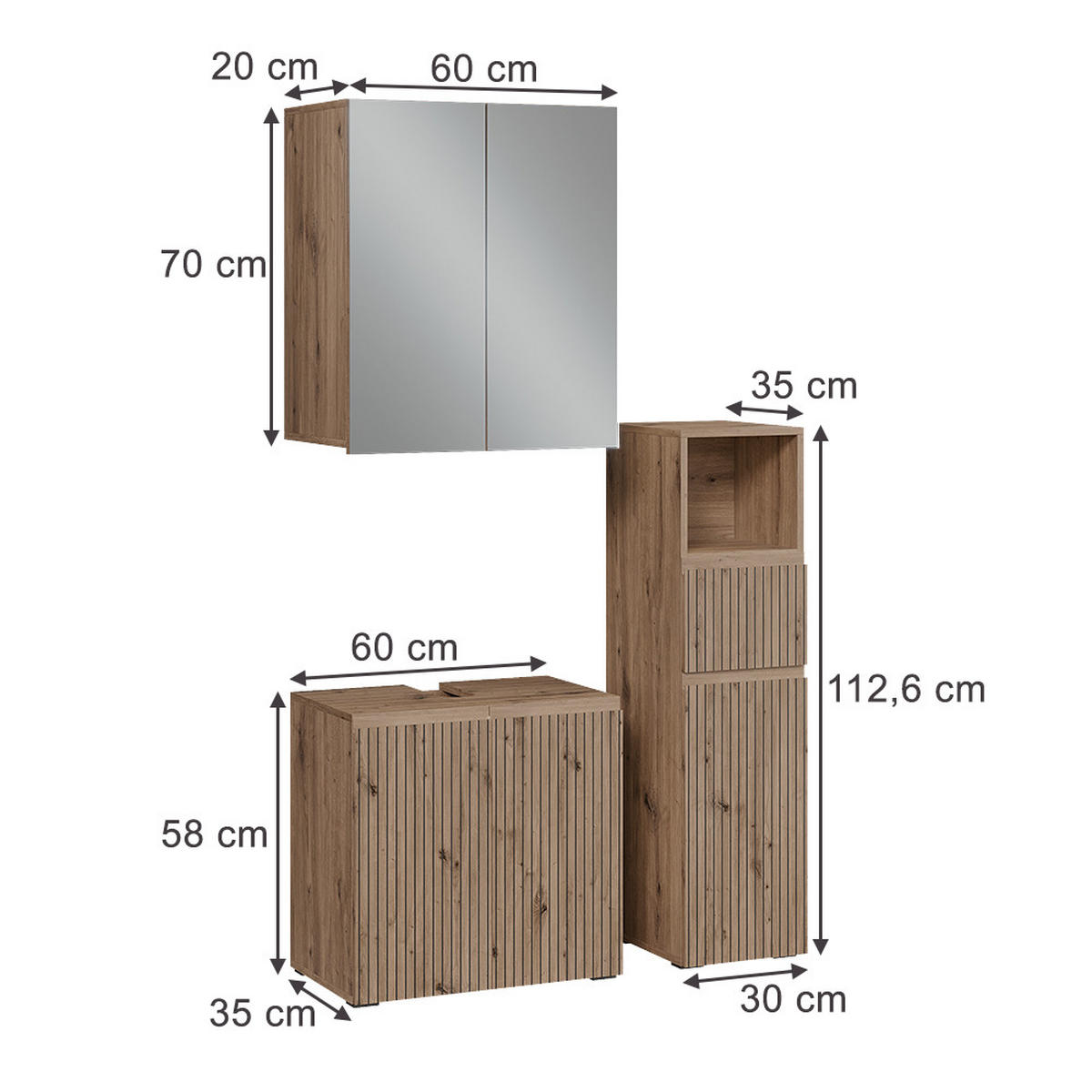 BADMÖBEL-SET Takumi Artisan 3 Teile - Hellgrau, Holzwerkstoff (60/58/35cm) - Vicco