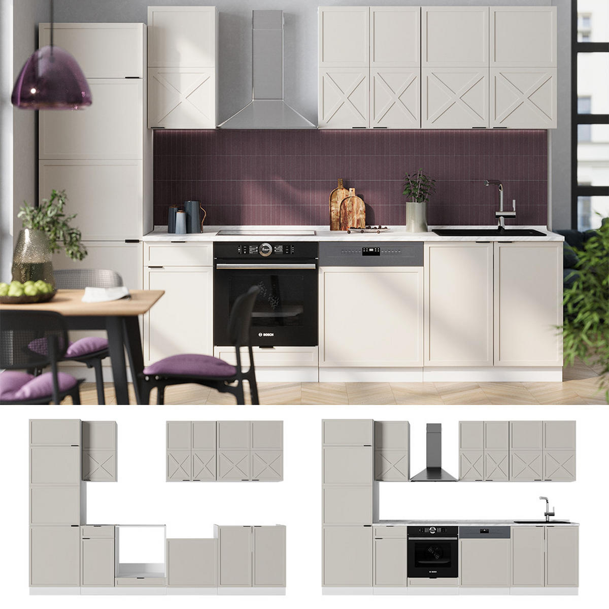 KÜCHENZEILE Fame-Line GrauBeige/Weiß 300 cm ohne AP - Weiß/Grau, Holzwerkstoff (300/81.6/46cm) - Vicco