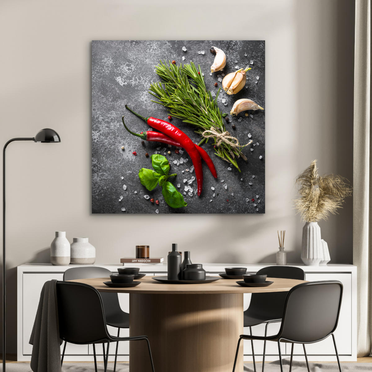 KOVOVÝ OBRAZ Korenie - bylinky - korenie - betón 90x90 cm - tmavosivá, kov (90/90cm) - MuchoWow