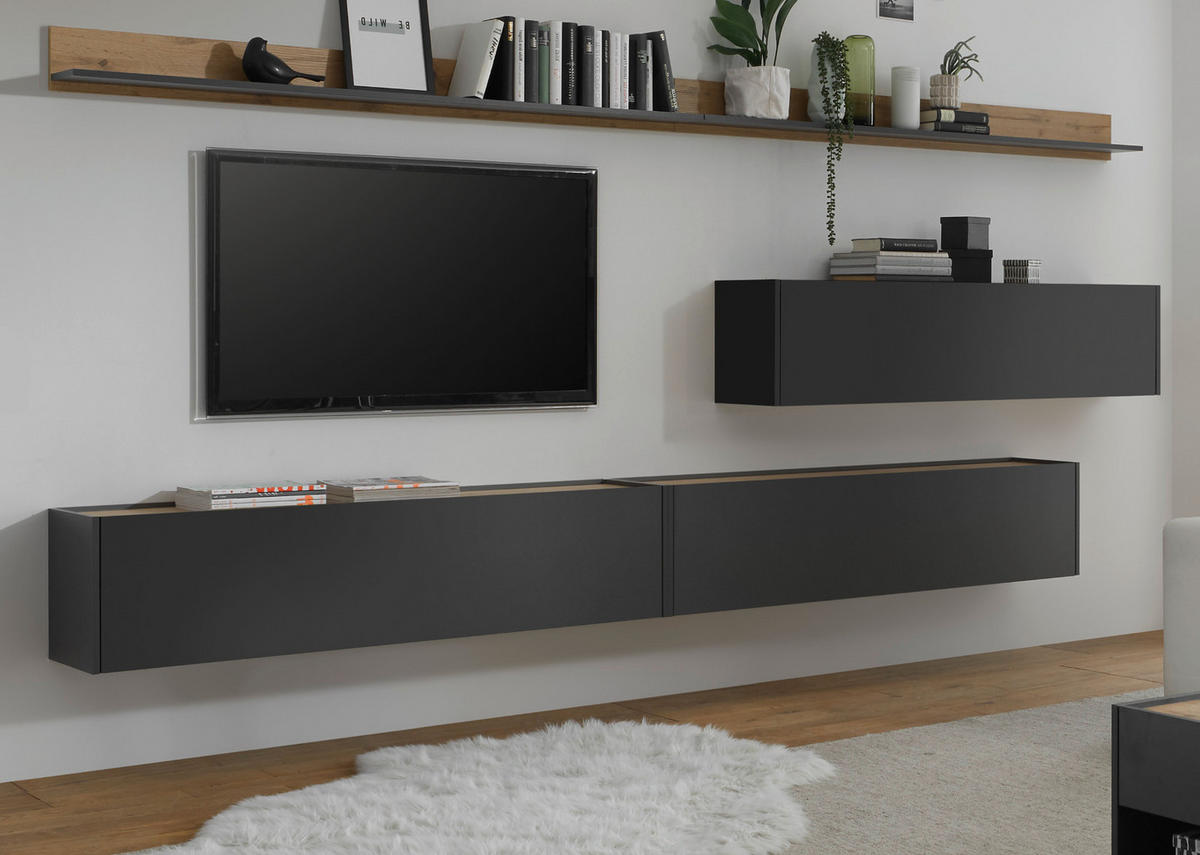 WOHNWAND 5-teilig grau matt, Eiche Wotan 340 cm, Schrankwand hängend - Eiche Wotan/Grau, Holz/Holzwerkstoff (340/180/30cm) - Furn.Design