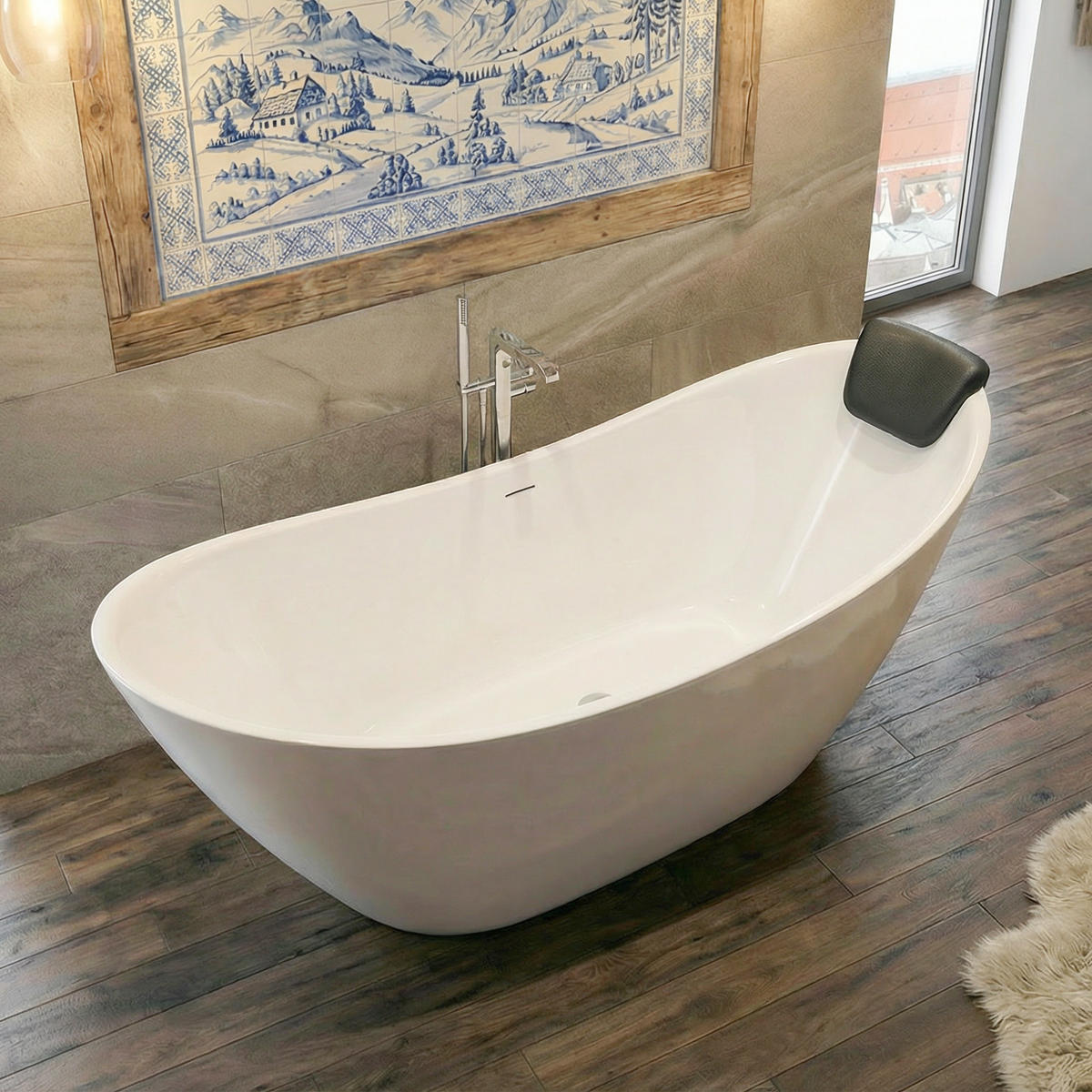 BADEWANNE ivar freistehend 180/80 cm, 3-tlg. Set Kopfstütze kodi Klick-Klack-Ablauf - Weiß, Kunststoff (80/76/180cm) - bad land