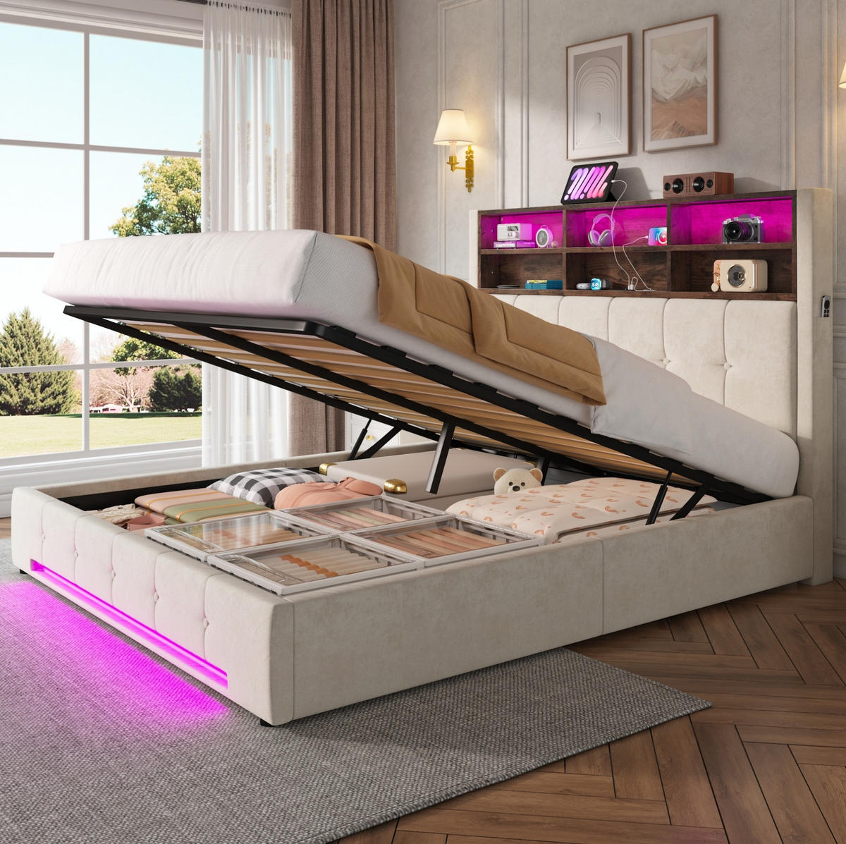 ČALOUNĚNÁ postel 160/200 cm s USB-C, LED osvětlením, hydraulickým úložným prostorem a bočními kapsami, Béžová - béžová, kov (160/200cm) - Redom