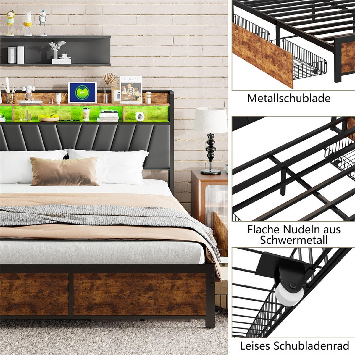 DOPPELBETT 160x200 cm - Metallbett mit 2-stufigem Regalkopfteil - 4 Schubladen und LED-Beleuchtung - ohne Matratze - Schwarz - Schwarz, Metall (160/200cm) - DELFA