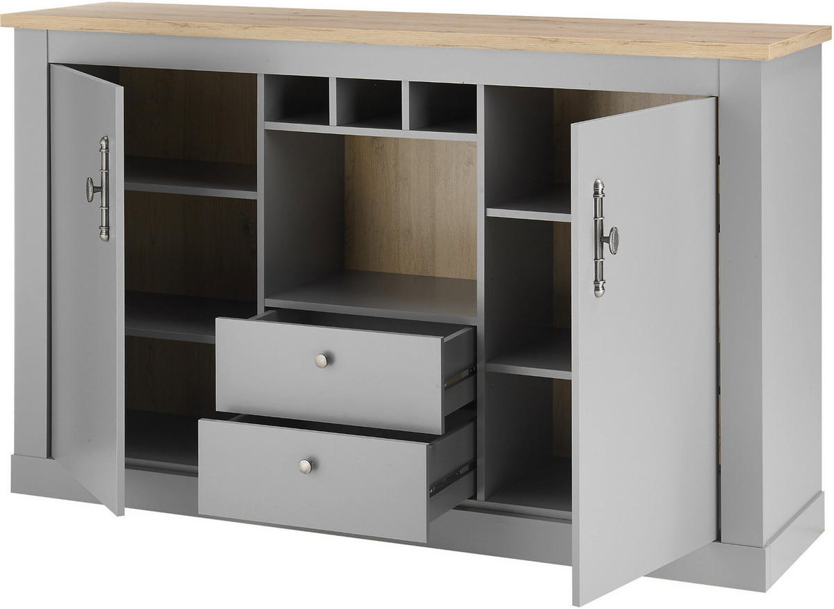 SIDEBOARD grau, Artisan Eiche Landhaus 166 cm, Kommode mit viel Stauraum - Hellgrau/Eiche Artisan, Holzwerkstoff/Metall (166/100/44cm) - Furn.Design