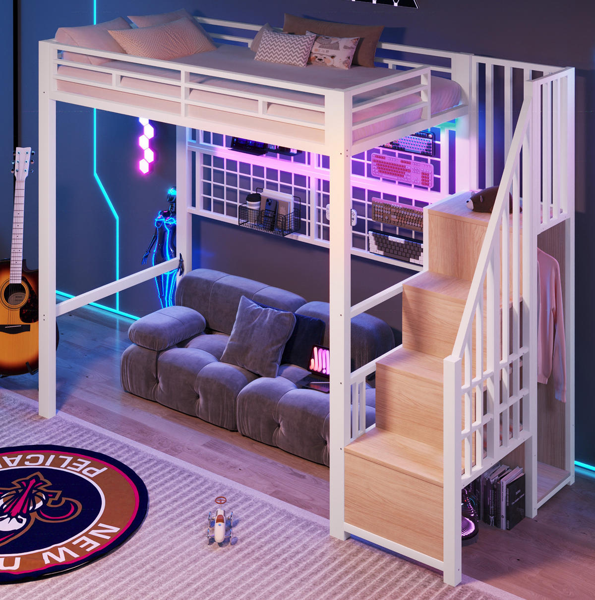 HOCHBETT 90/200 cm Weiß mit Stauraumleiter, Hängegitter und LED - Weiß, Metall (90/200cm) - MIVRAY