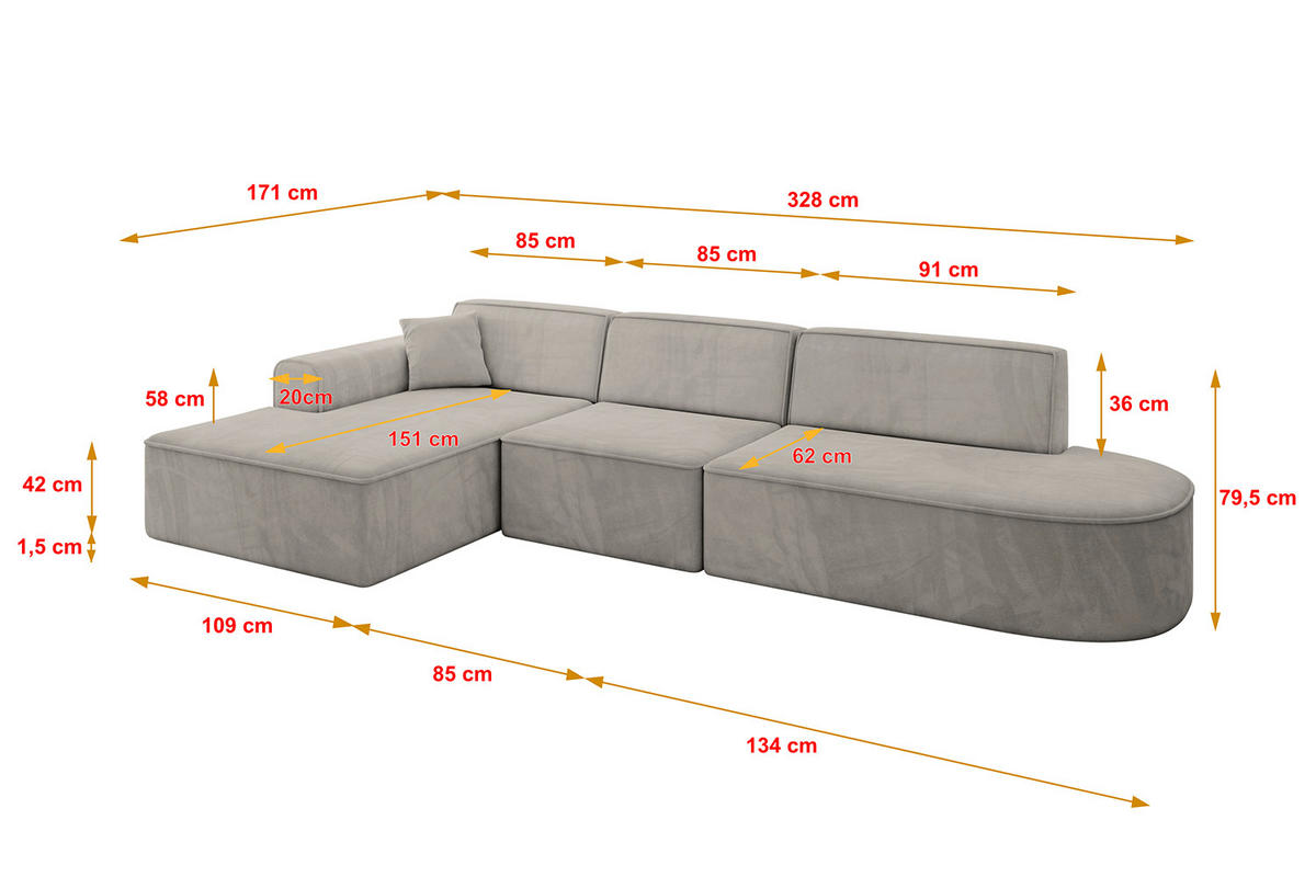 ECKSOFA Ottomane Links IREA-L2-v3 - 328x171x79 cm Hellbraun - Hellbraun, Holzwerkstoff/Textil (328/171cm) - ALTDECOR
