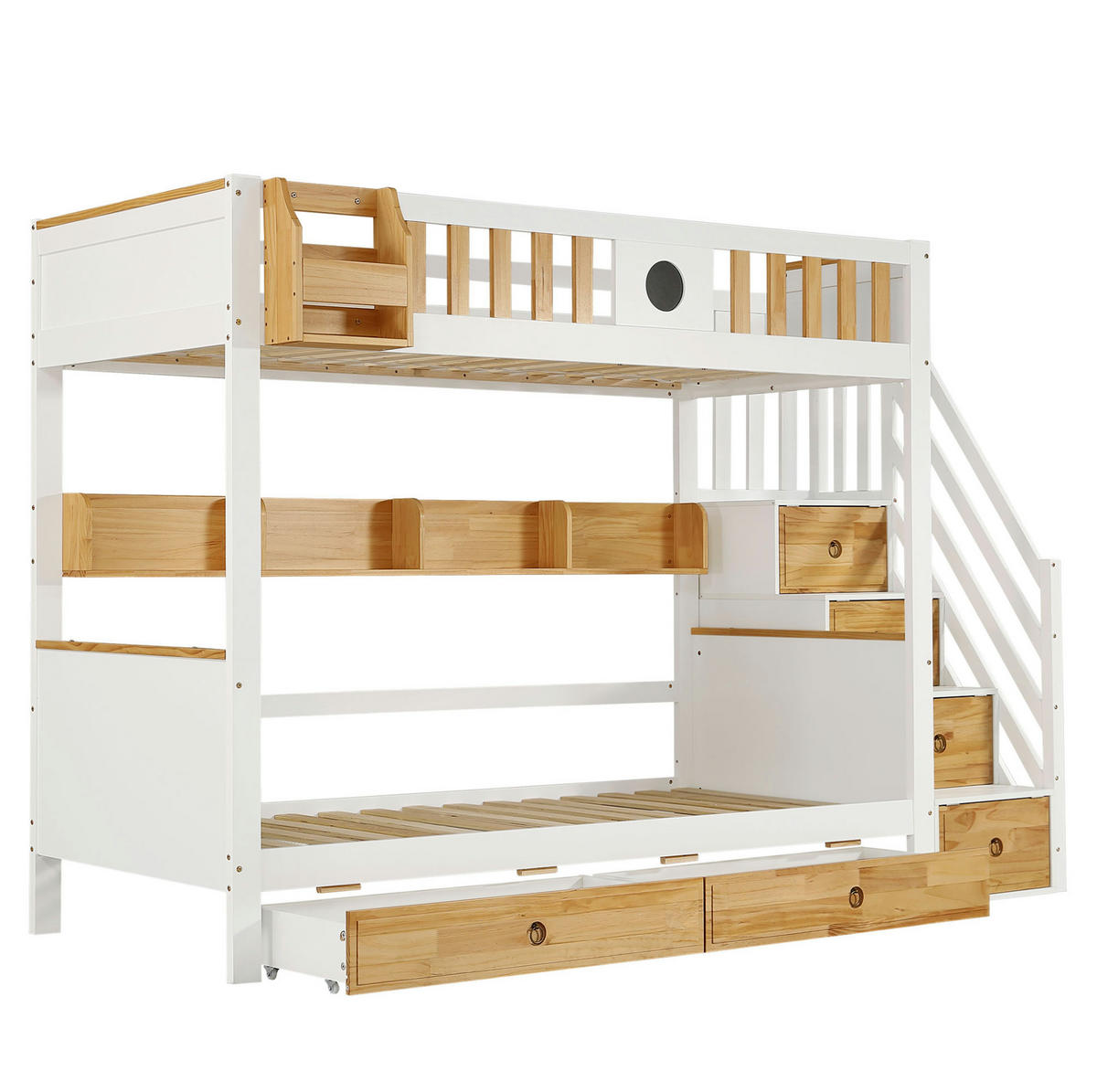 ETAGENBETT 90/200 cm in Weiß/Natur mit Stauraumtreppe und 2 Schubladen - Weiß, Holzwerkstoff (90/200cm) - Flora Grace