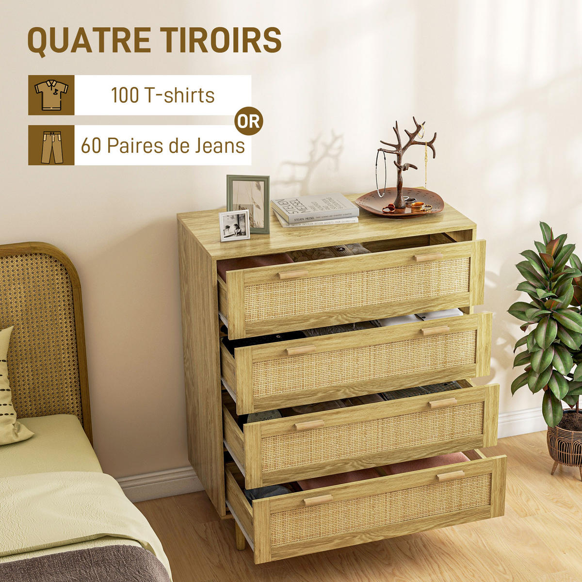 KOMOODE DE-12836 4 Schubladen mit Rattan Hellholz - Naturfarben, Holzwerkstoff (90/108.5/45cm) - ComfortXL
