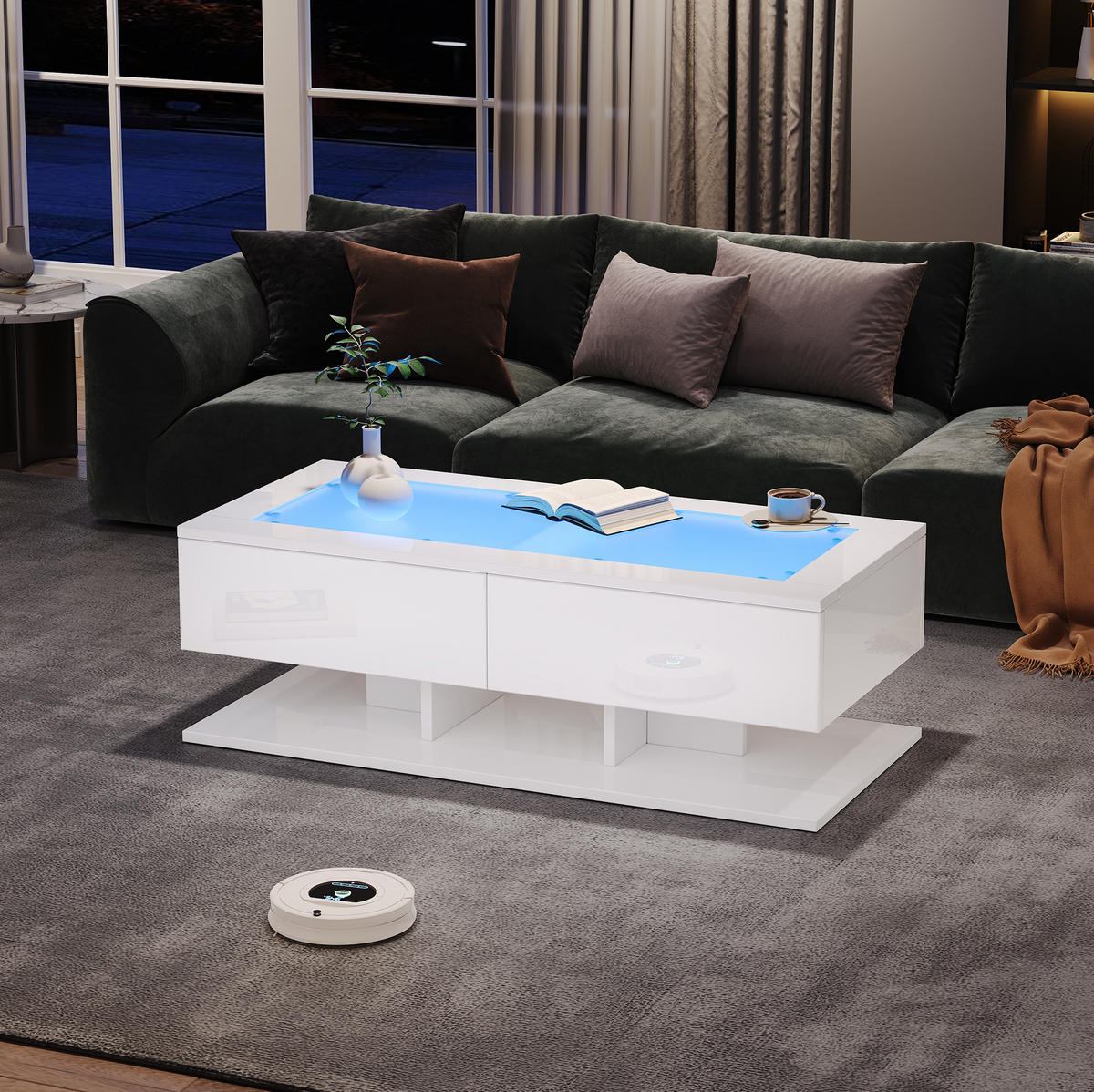 COUCHTISCH aus Spanplatte und gehärtetem Glas 100x50x35 cm Weiß mit 2 Schubladen und LED-Beleuchtung - Weiß, Holzwerkstoff (100/50/35cm) - IVMEU