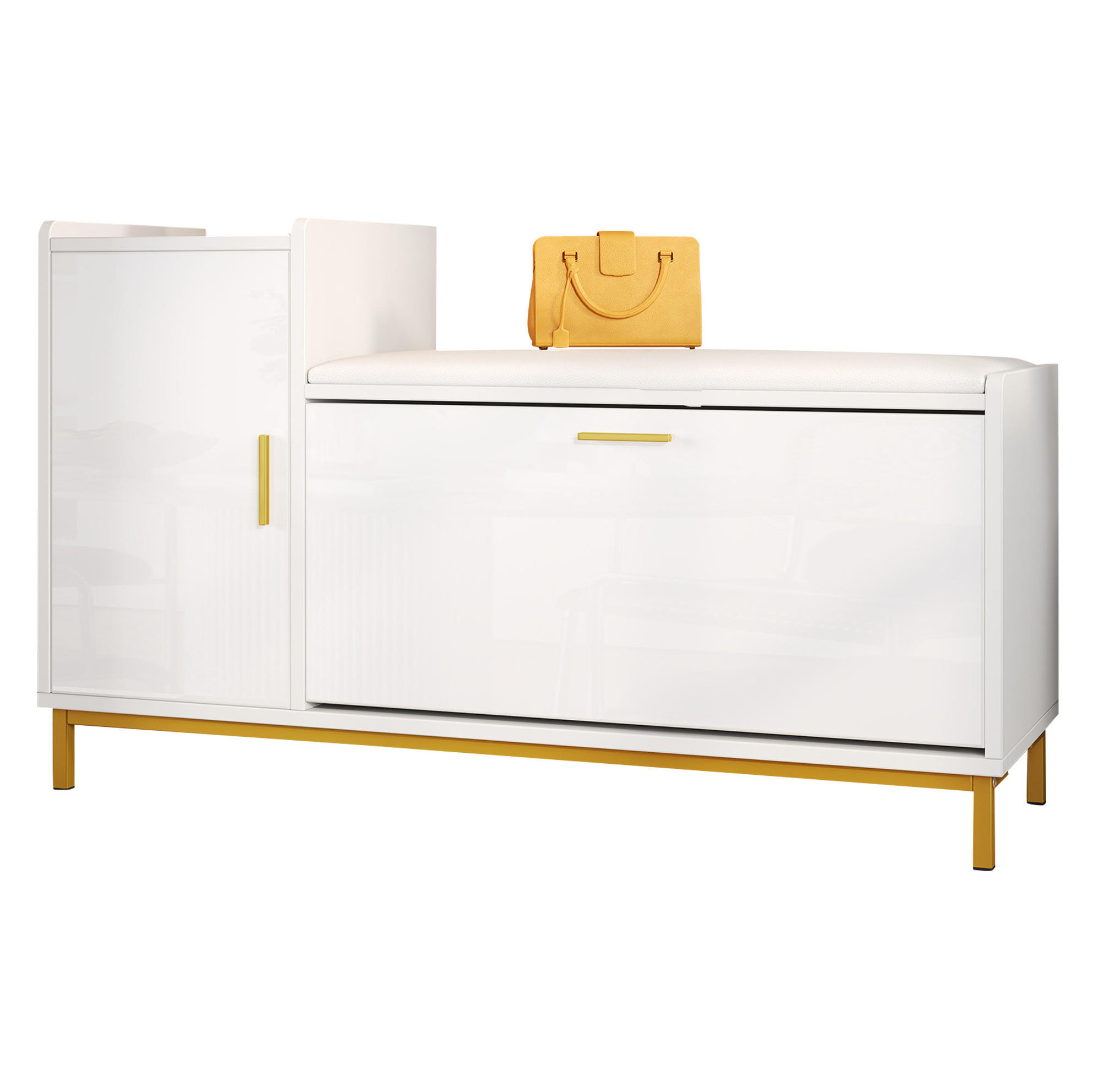 SCHUHSCHRANK 100/68/38 cm Weiß/Gold aus Spanplatte und Metall mit Sitzkissen - Weiß, Holzwerkstoff (100/68/38cm) - OKMYHOME