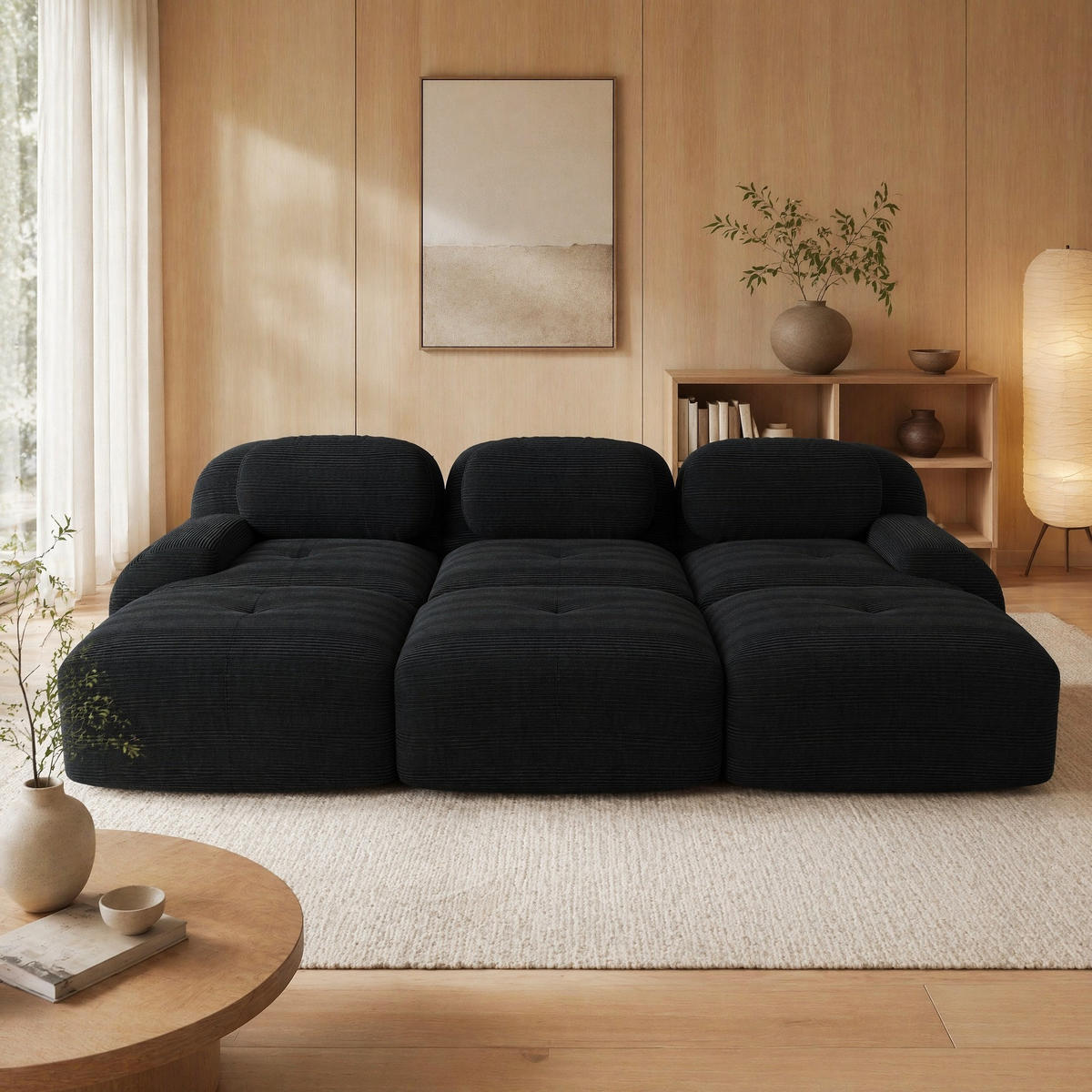 MODULARES Ecksofa aus Cordstoff Schwarz 298x178x70 cm mit Hockern und geschwungenen Armlehnen - Schwarz, Textil (178/298cm) - IVMEU