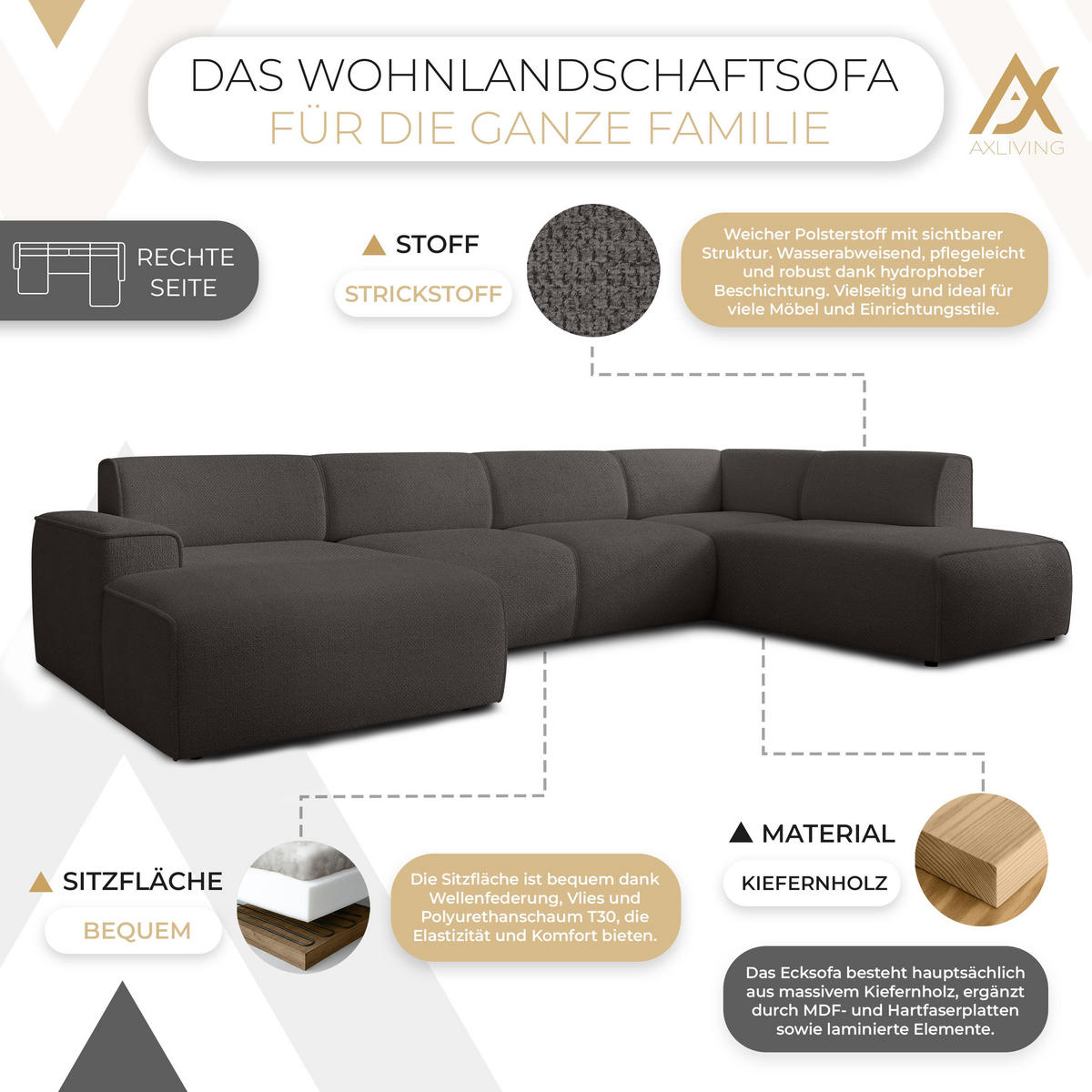 WOHNLANDSCHAFT Didim Grau 378/220/78 cm – großes Sofa stilvoll & bequem R - Schwarz/Grau, Kunststoff/Textil (378/78/220cm) - AX Living