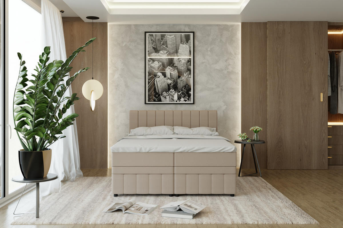 BOXBETT AVALON 160 x 200 cm mit Bettkasten und Topper - Beige - Beige, Holz - Panda Möbel