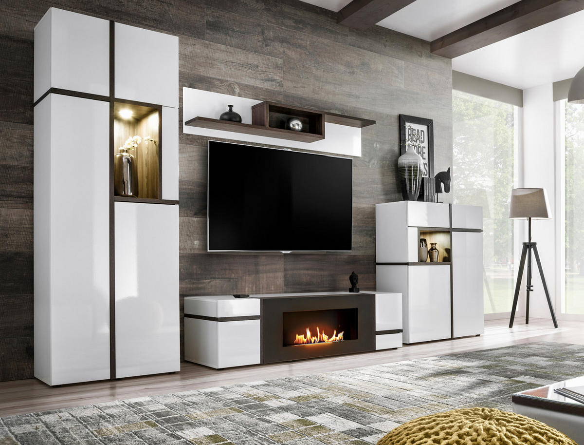 WOHNWAND weiß Hochglanz, Ulme 340 cm, Schrankwand mit Kamin, inkl. LED-Beleuchtung - Ulmefarben/Weiß Hochglanz, Glas/Holzwerkstoff (340/197/50cm) - Inn.Furn