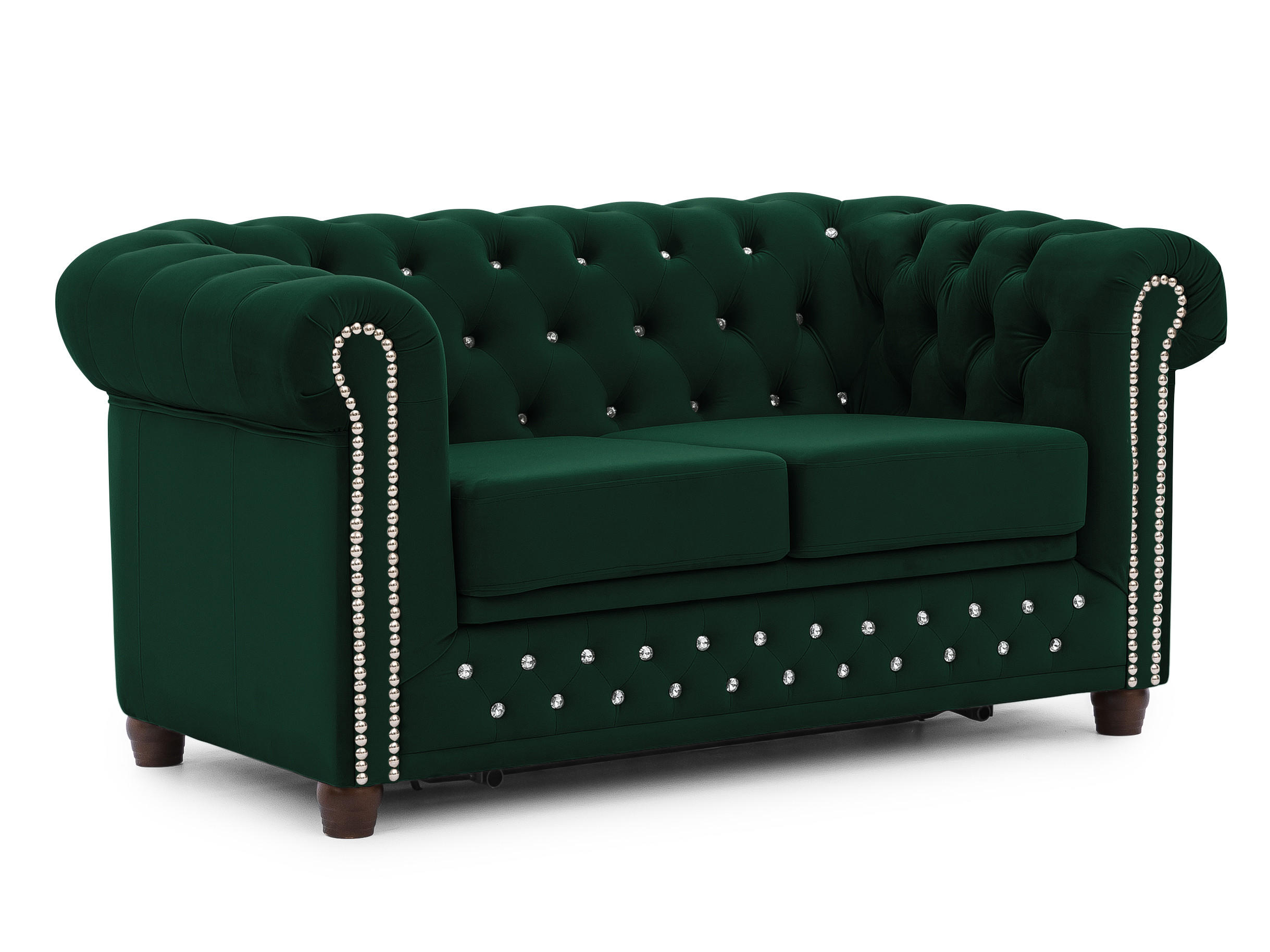 CHESTERFIELD-SOFA 2-Sitzer mit Schlaffunktion Cleo Blink Flasche Grün Samt mit Kristallsteppung und braunen Massivholzfüßen - Braun/Grün, Holz/Textil (148/72/86cm) - S-Style Möbel