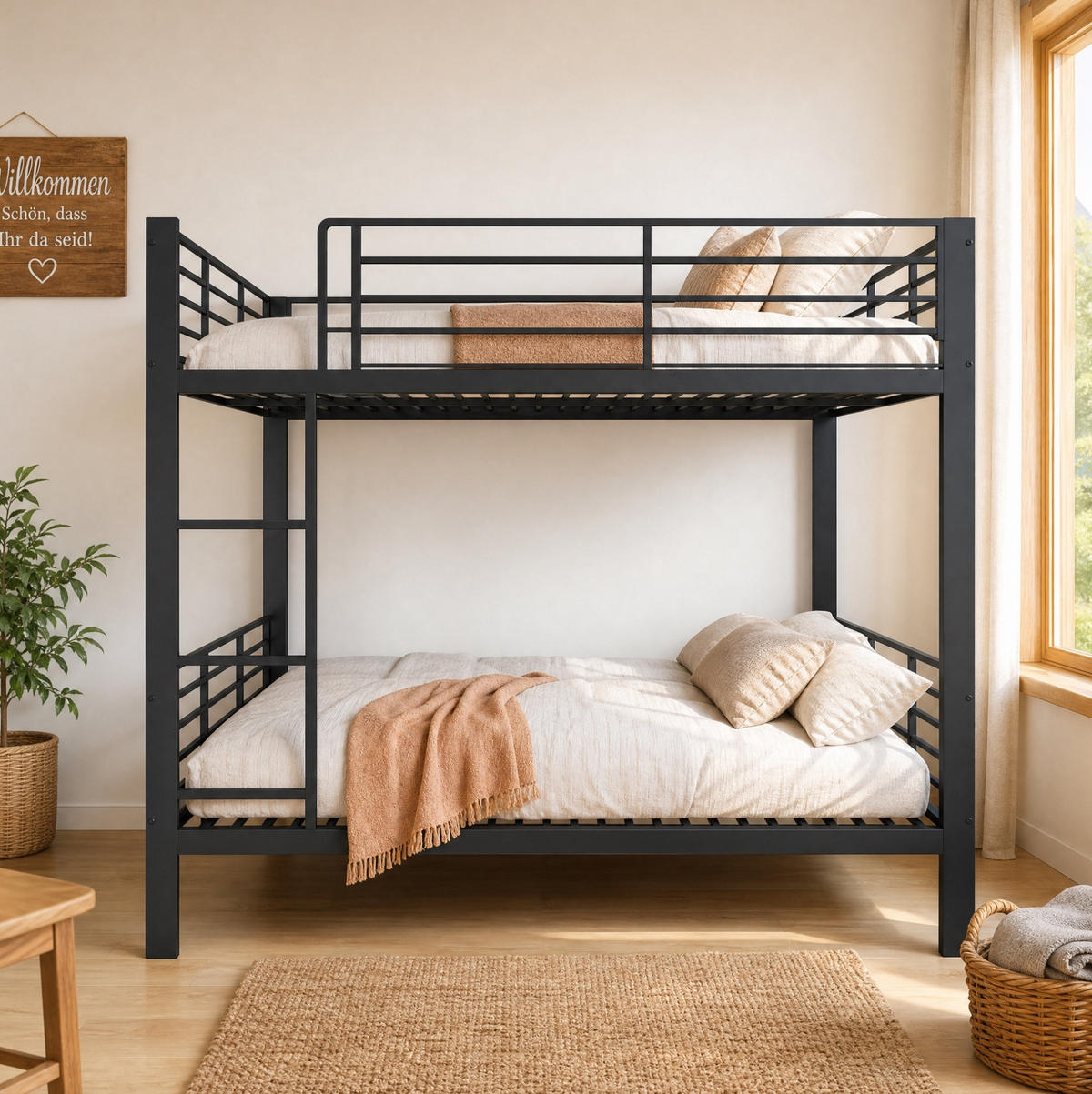 ETAGENBETT 140/200 cm aus Metall mit Sicherheitsgeländer, Schwarz - Schwarz, Metall (140/200cm) - OKMYHOME