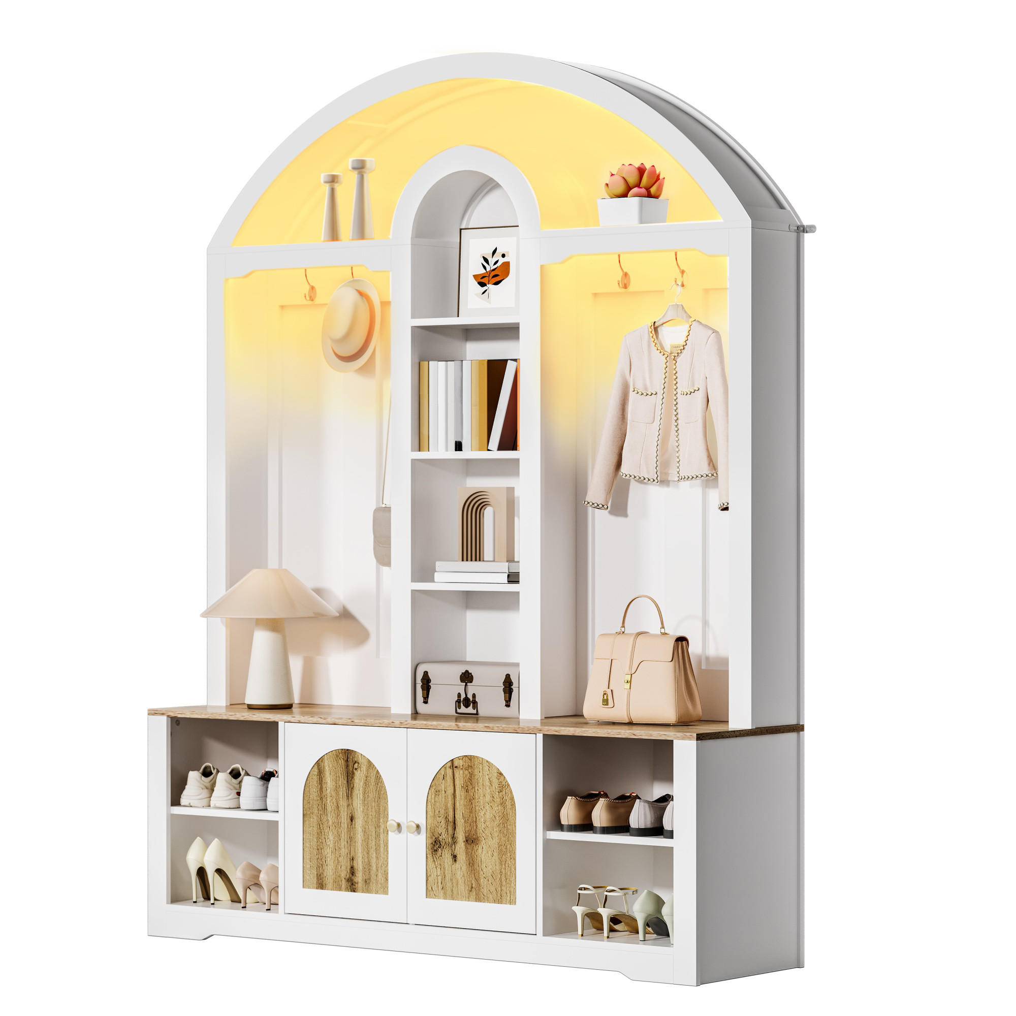 GARDEROBE Flur geschwungenes Design offene Regale LED Hakenleiste multifunktionaler Stauraum - Weiß, Holzwerkstoff/Metall (150/195/40cm) - EVRYAE