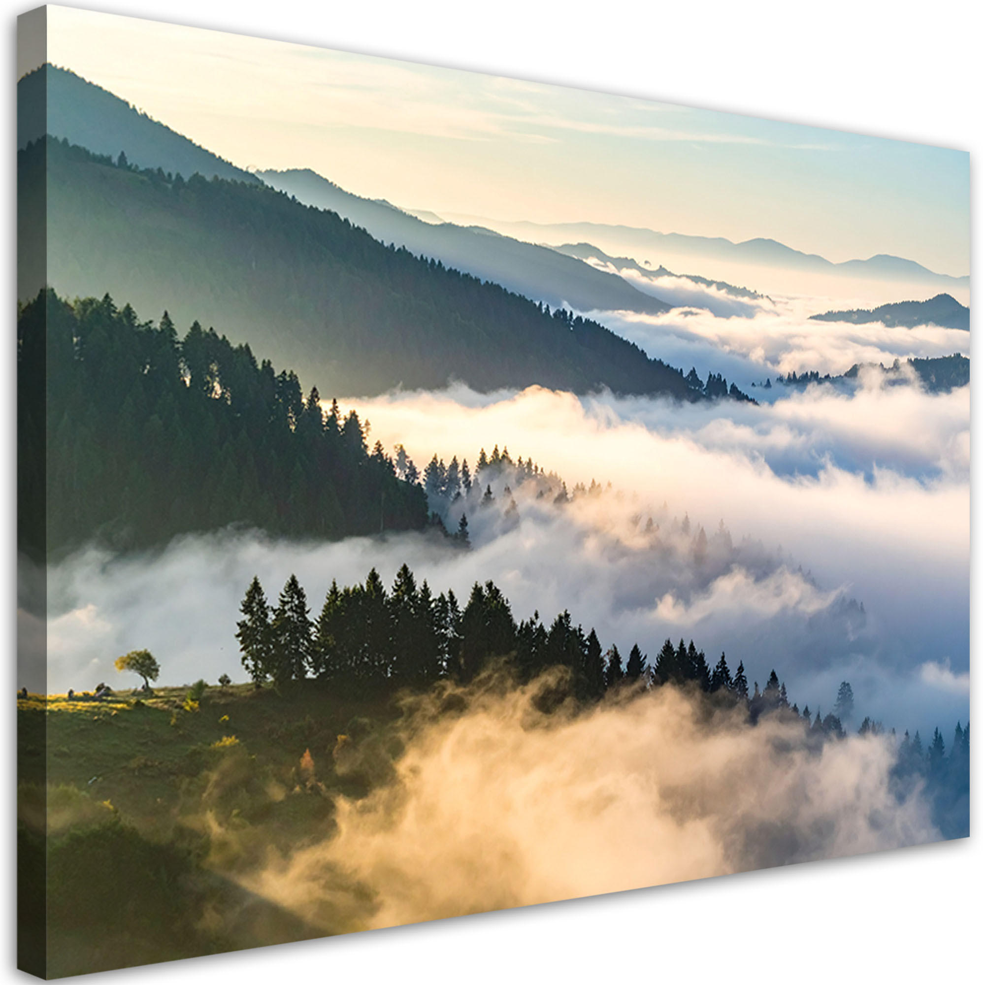 LEINWANDBILD Wald Berge im Nebel Landschaft 120x80cm - Grau, Textil (120/80cm) - Feeby