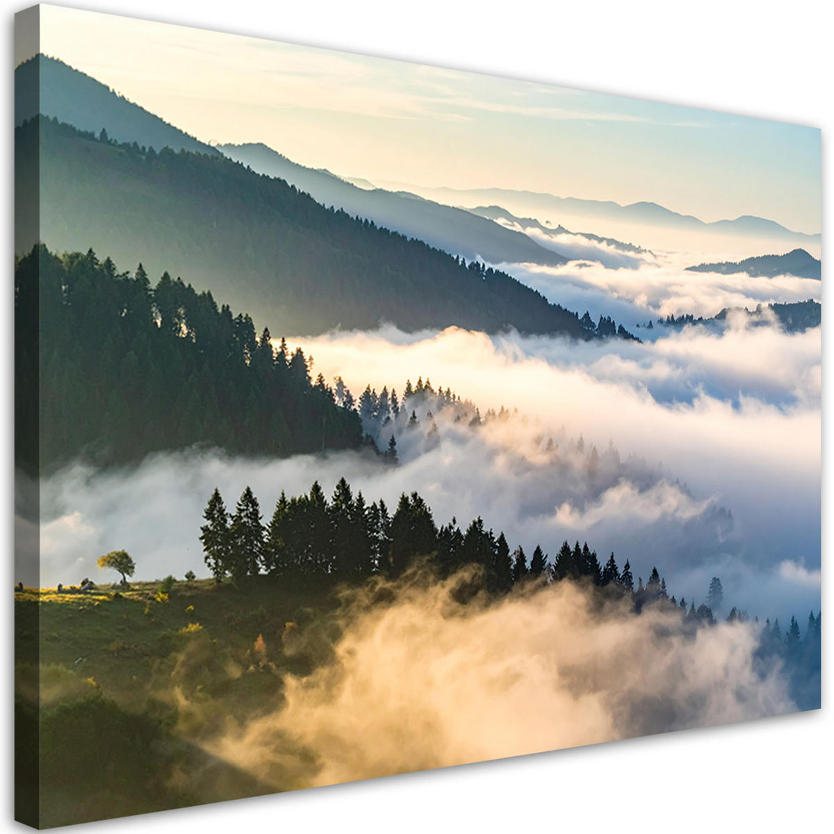 LEINWANDBILD Wald Berge im Nebel Landschaft 120x80cm - Grau, Textil (120/80cm) - Feeby